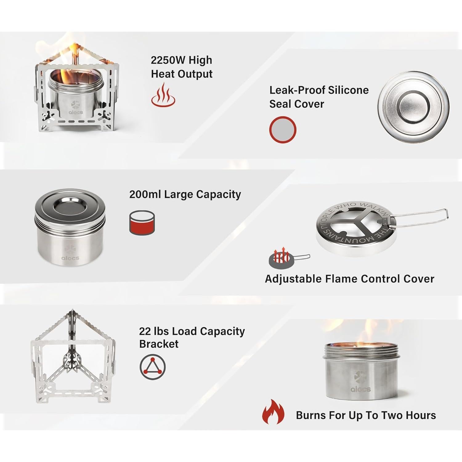 Estufa de Camping Alocs 2250W Acero Inoxidable Plegable