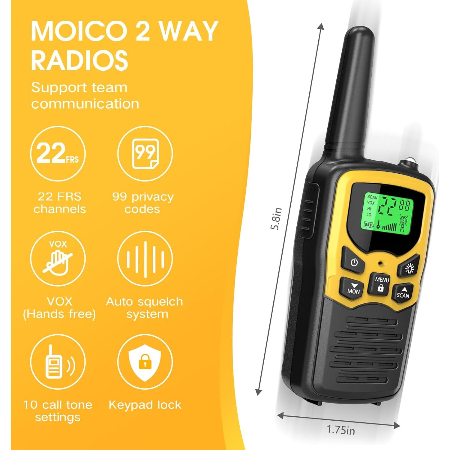 Walkie Talkies MOICO T5 Amarillo 4 Paquete 22 Canales FRS