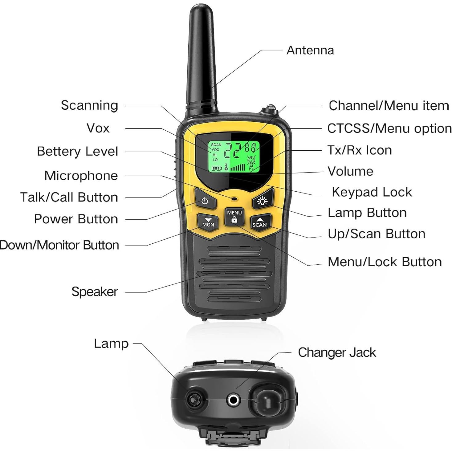 Walkie Talkies MOICO T5 Amarillo 4 Paquete 22 Canales FRS