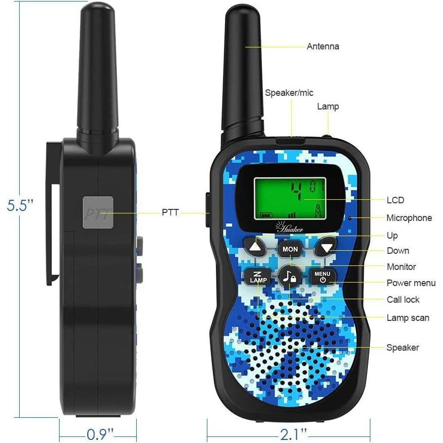 Walkie Talkies para Niños Huaker, 3 Unidades, 22 Canales, Alcance 4.8 km