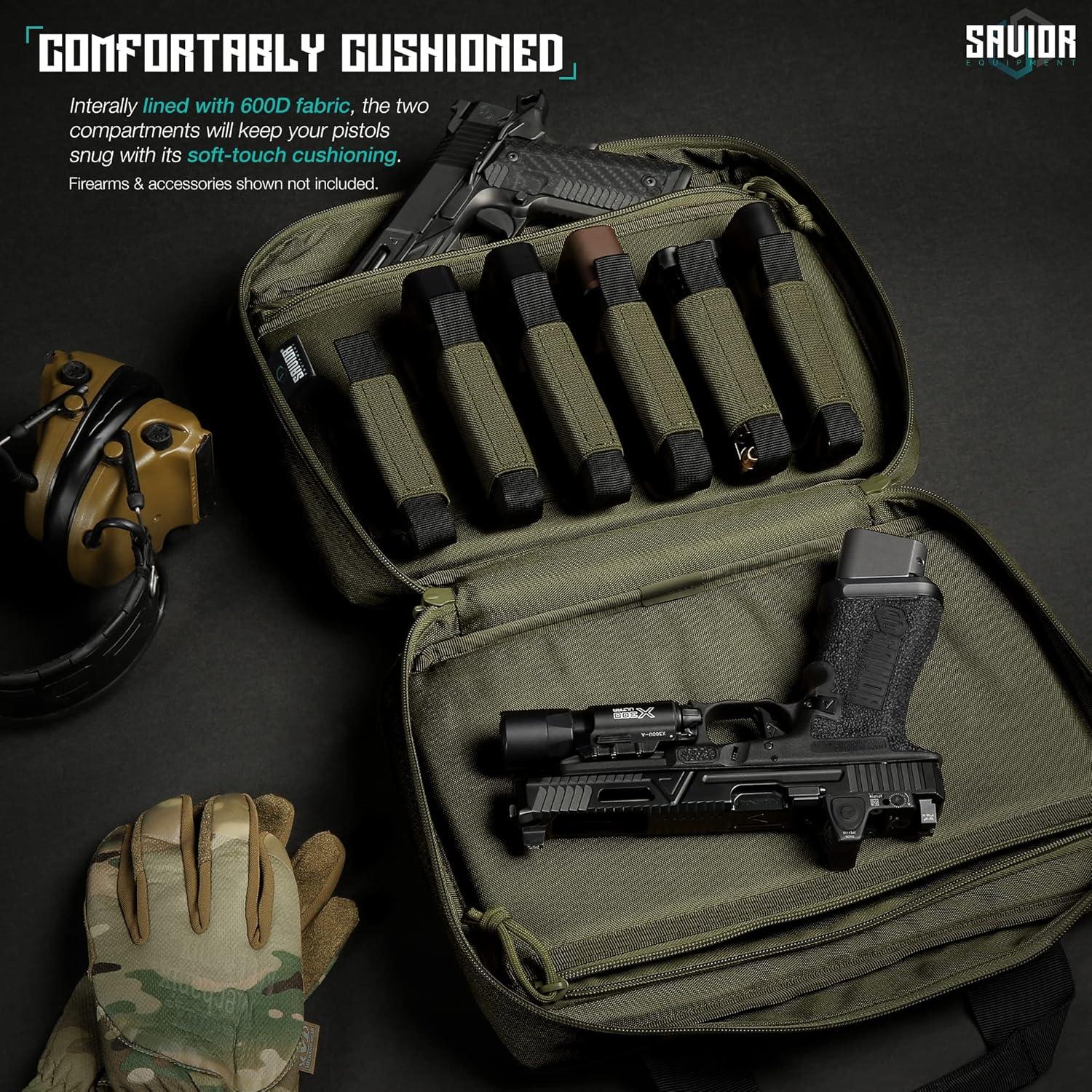 Savior Equipment Specialist Series Tactical Double Scoped Handgun Firearm Case Pistol Bag for Outdoor Hunting Shooting Range, Lockable Compartment, Additional Magazine Storage Slots