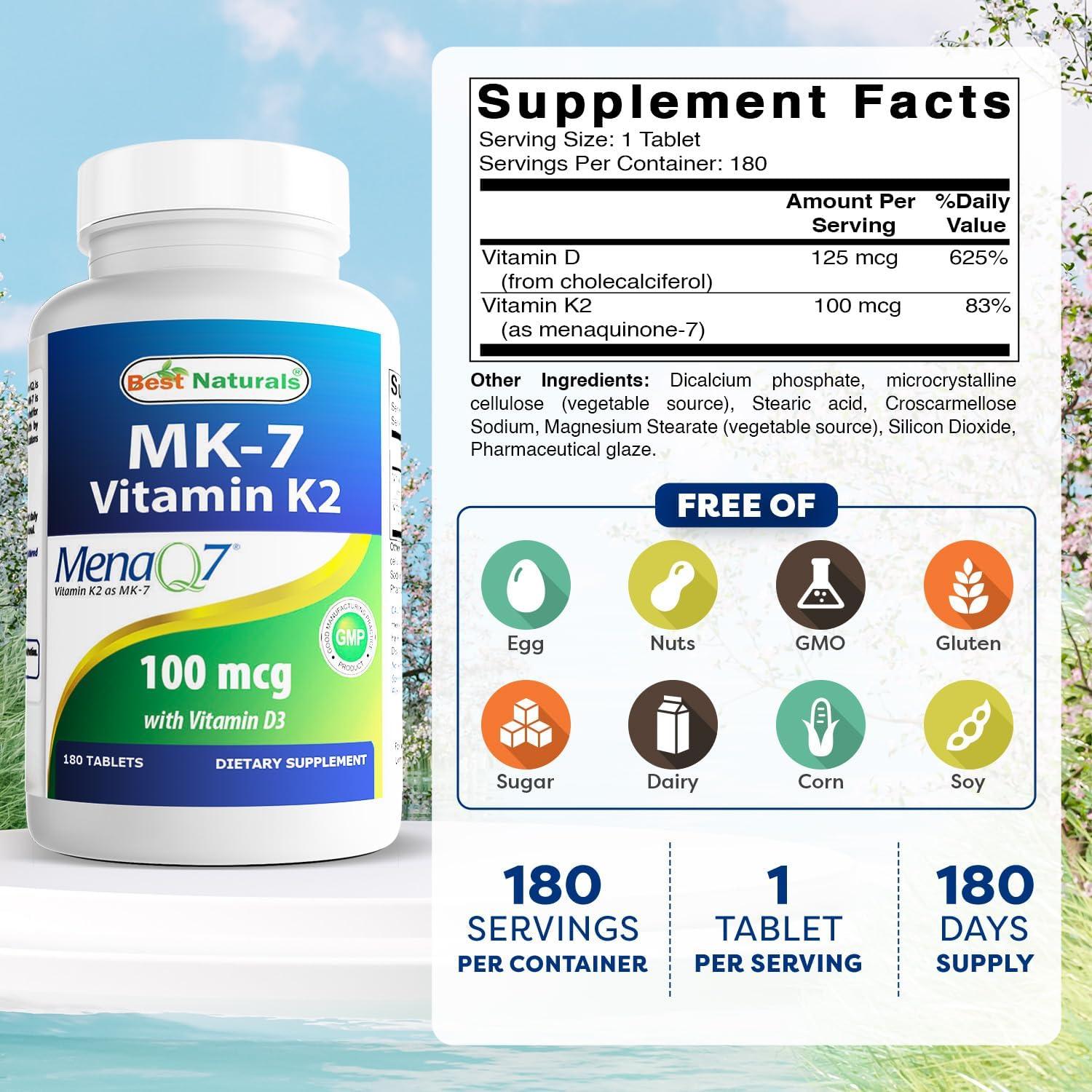 Suplemento Vitamina K2 MK7 y D3 Mejores Naturales 180 Tabletas