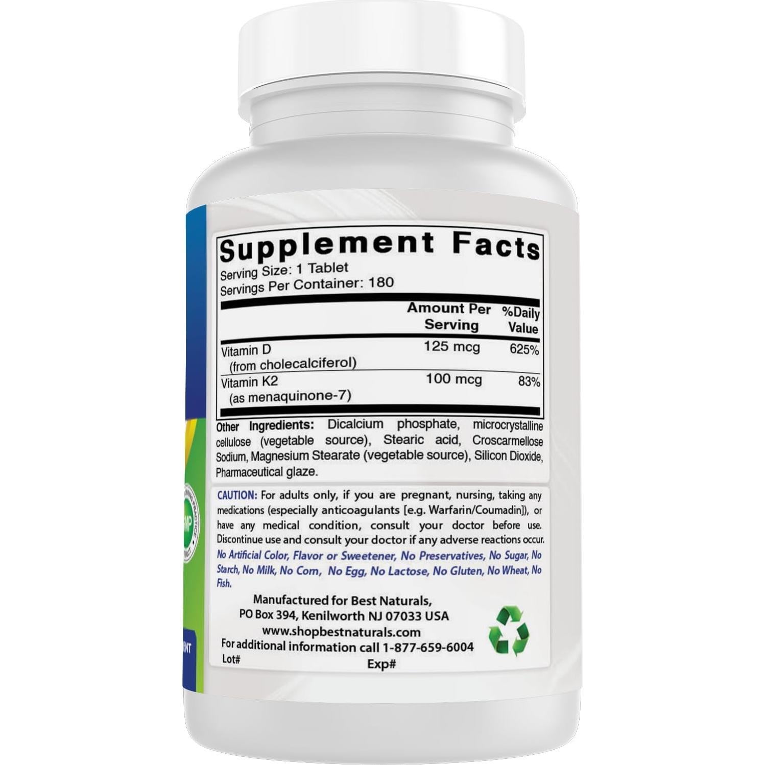 Suplemento Vitamina K2 MK7 y D3 Mejores Naturales 180 Tabletas