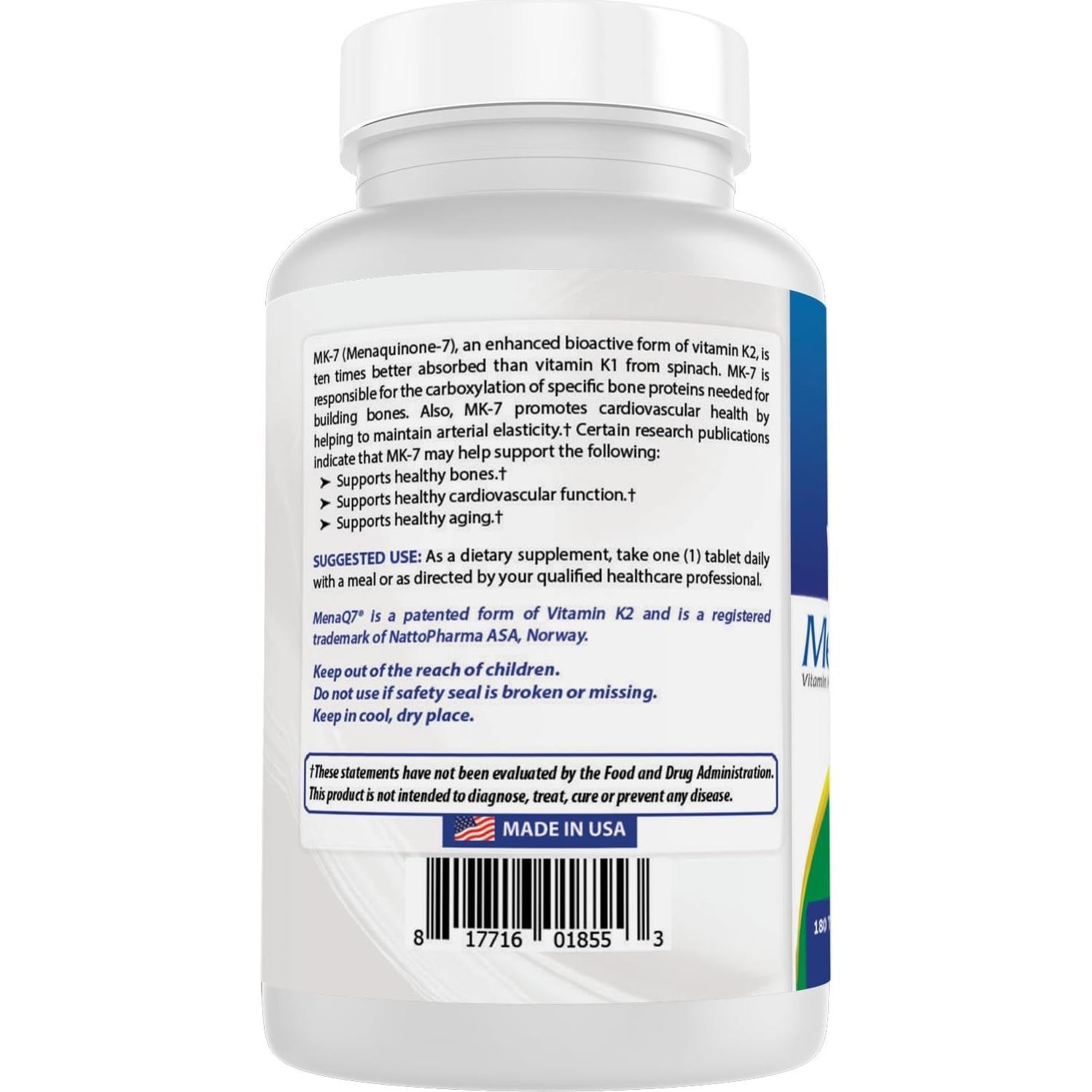 Suplemento Vitamina K2 MK7 y D3 Mejores Naturales 180 Tabletas