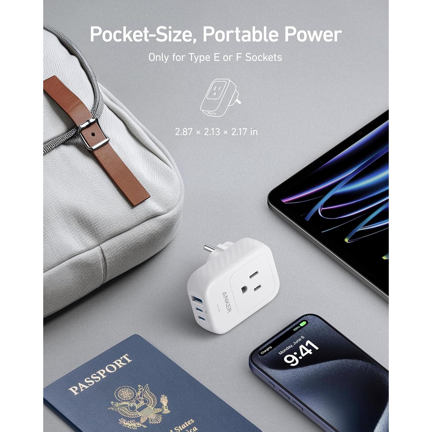 Adaptador de Enchufe de Viaje Anker A92A2, 5-en-1, 15W USB-C