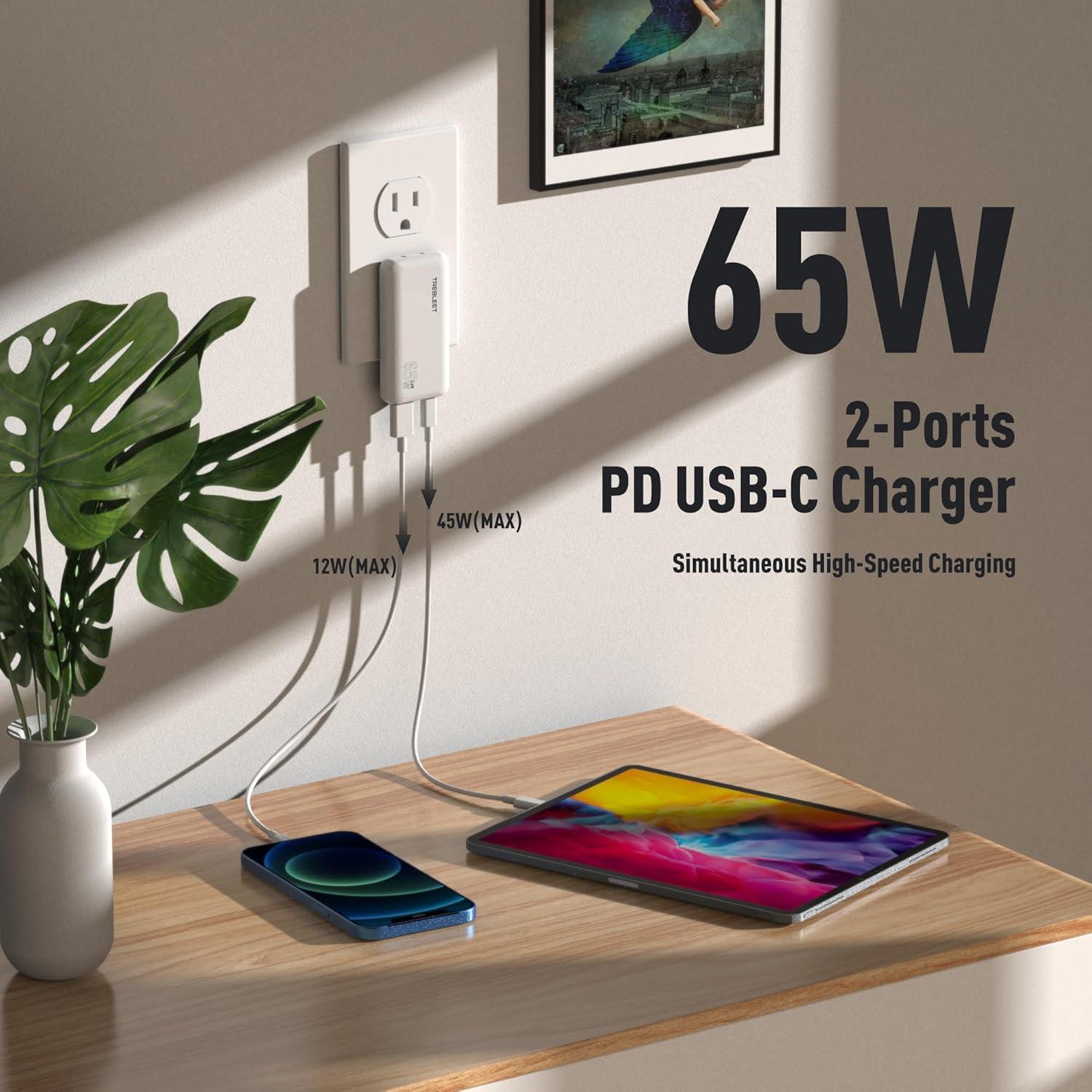 Cargador USB-C TREBLEET 65W Plegable Doble Puerto
