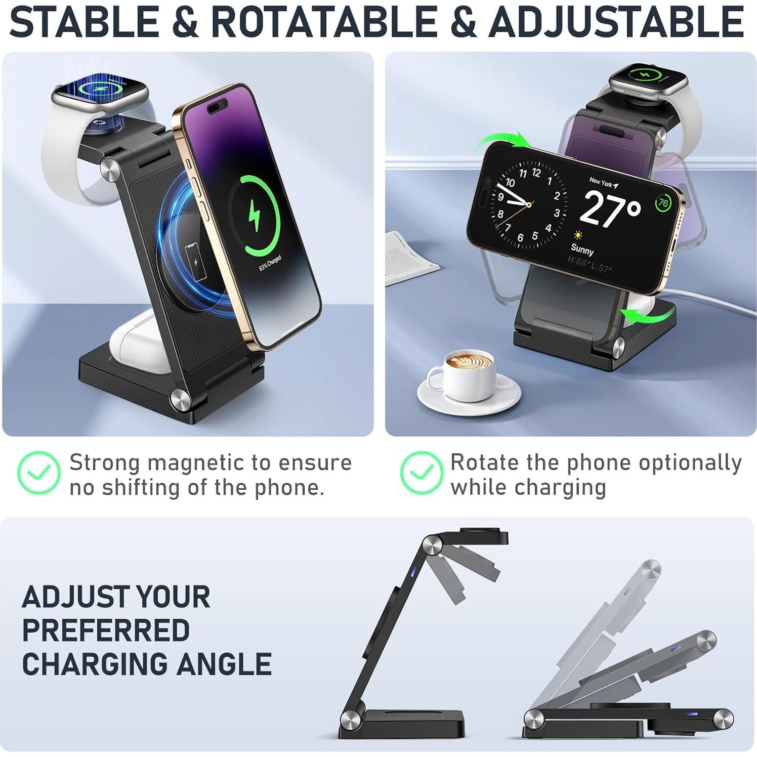 Cargador Inalámbrico 3 en 1 Magnético para iPhone y Apple Watch