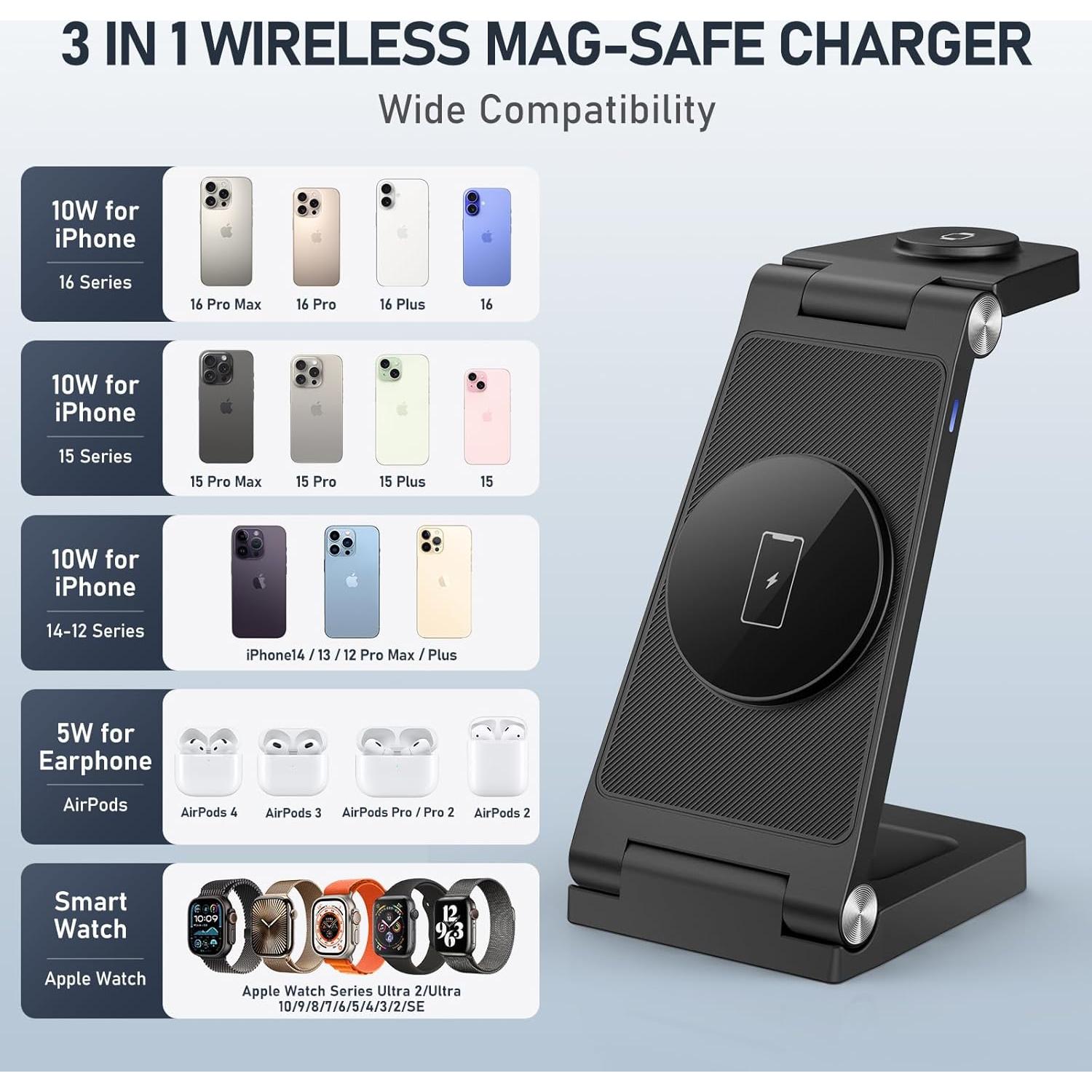 Cargador Inalámbrico 3 en 1 Magnético para iPhone y Apple Watch