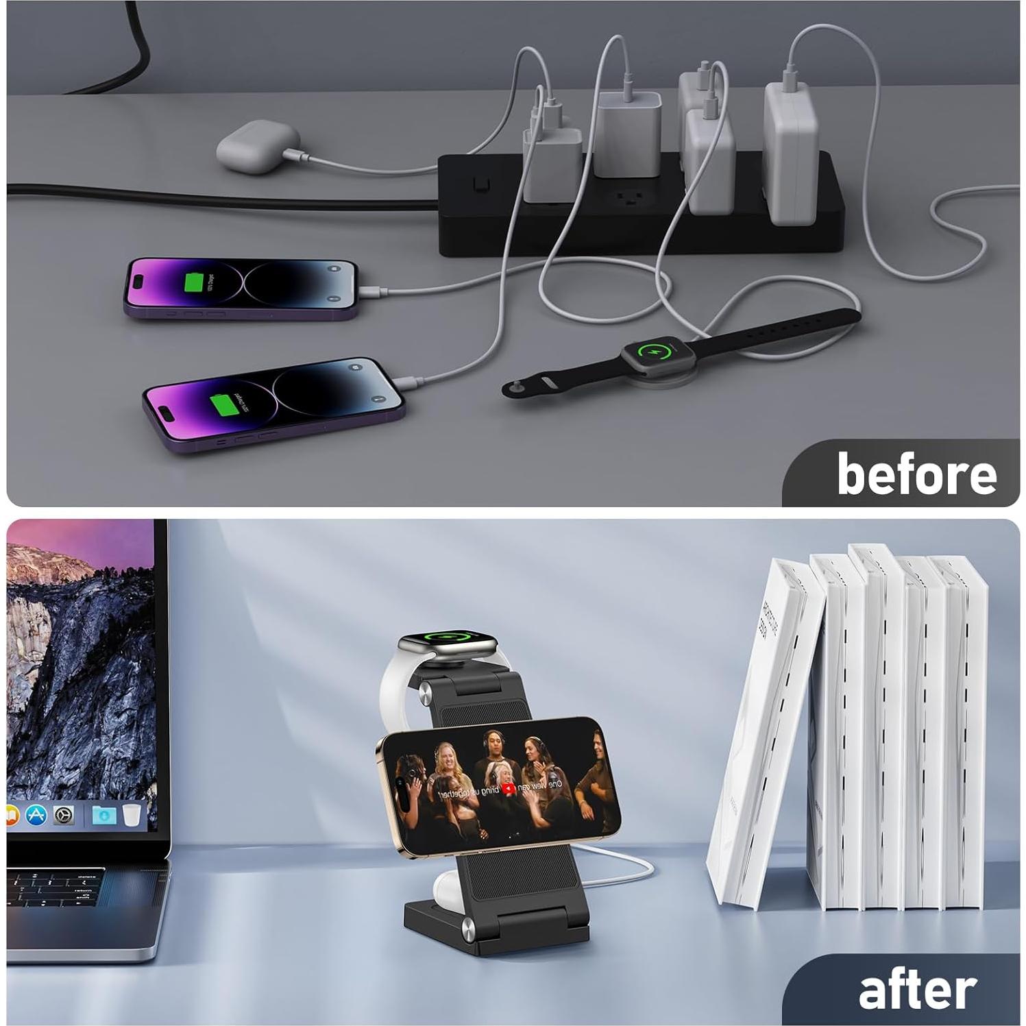 Cargador Inalámbrico 3 en 1 Magnético para iPhone y Apple Watch