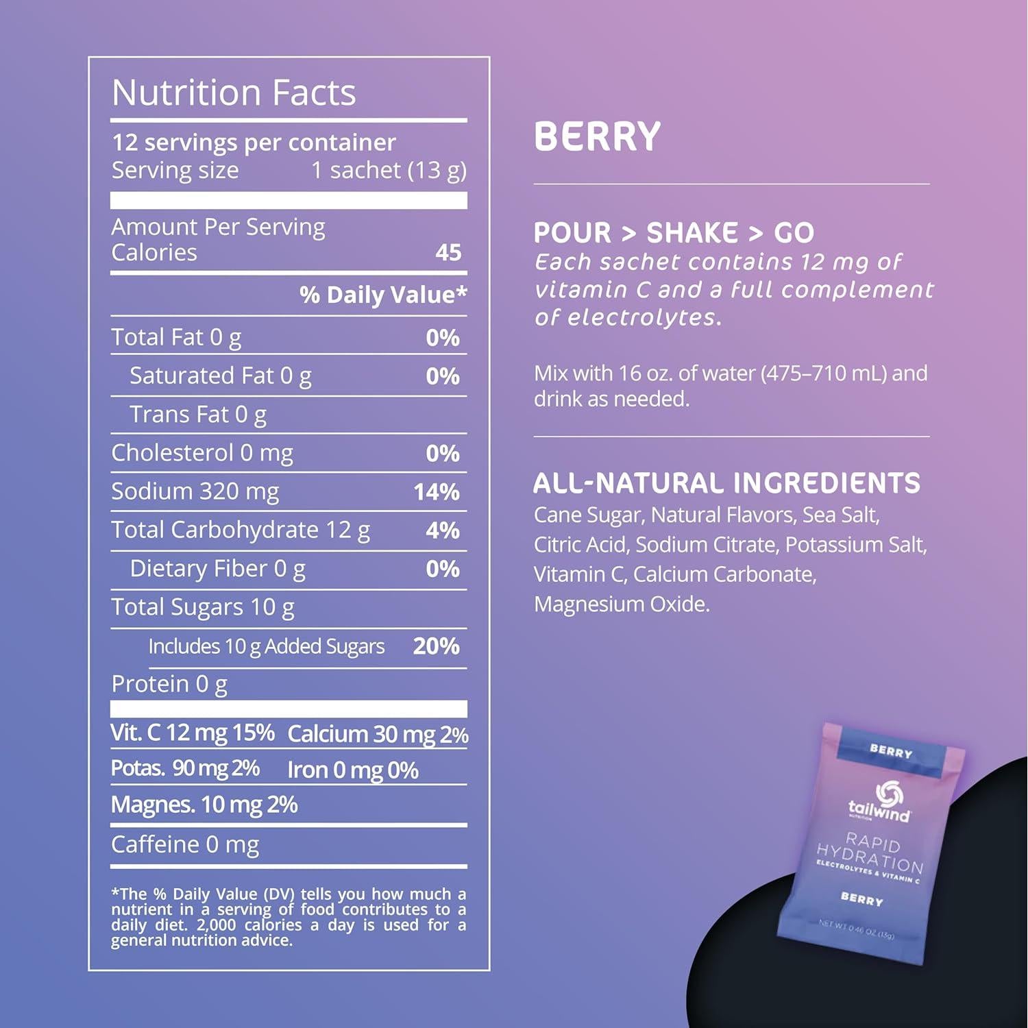 Tailwind Nutrition Hidratación Rápida Baya 12 Porciones 155.9g