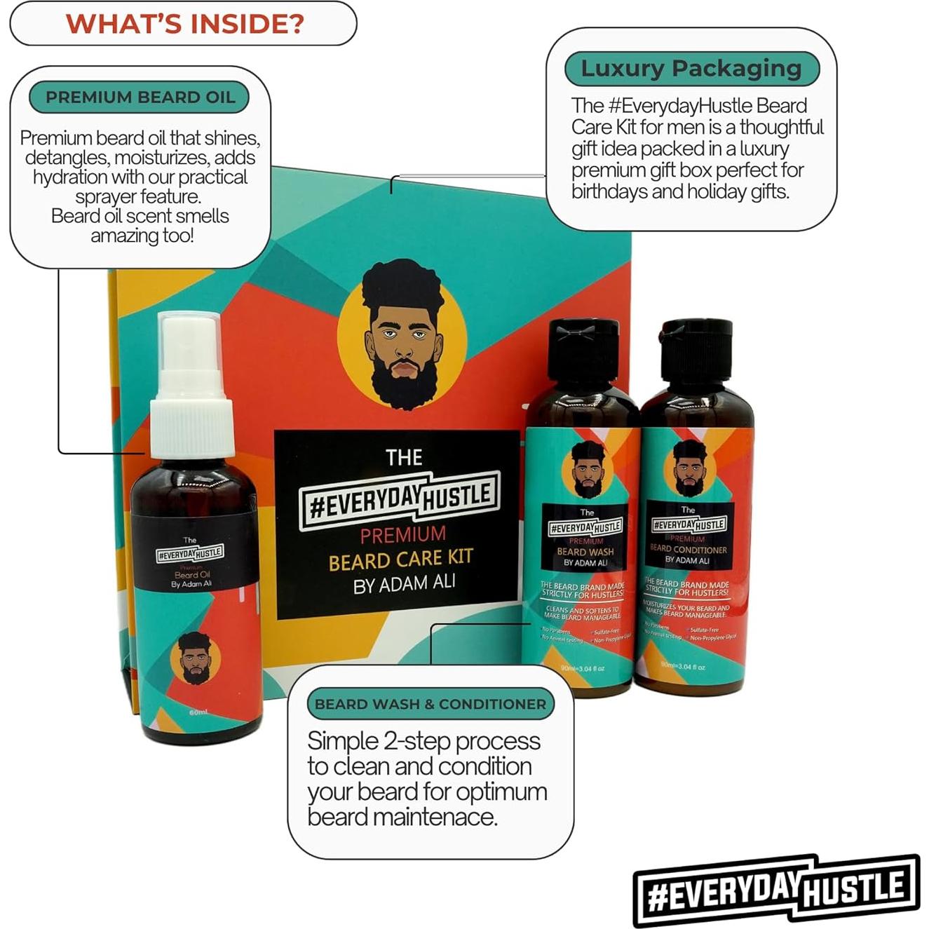 Kit de Cuidado de Barba EverydayHustle 3 en 1 - Champú, Acondicionador y Aceite