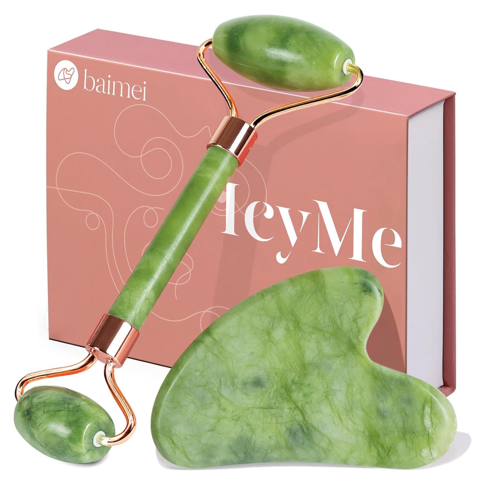 Rodillo Facial BAIMEI Gua Sha Jade Verde Cuidado Piel