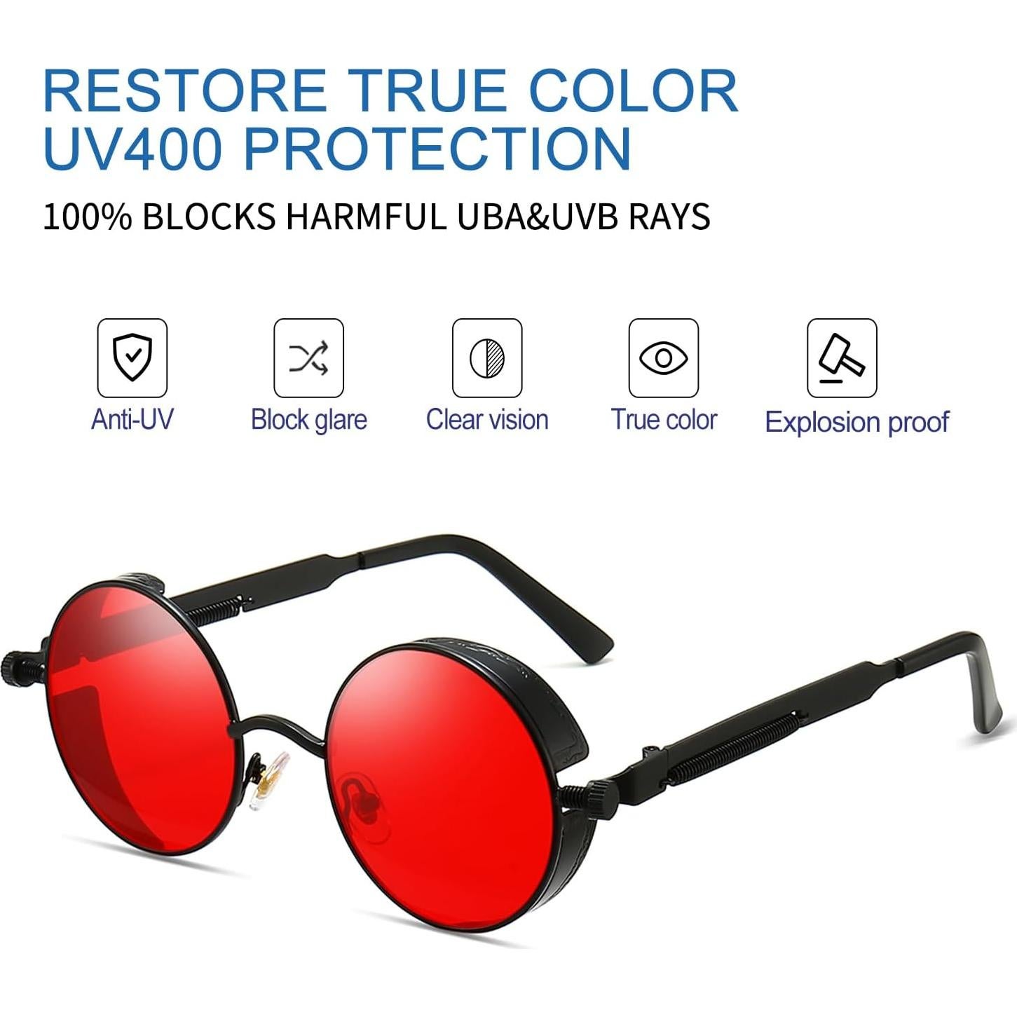 Gafas de sol Steampunk Glclrs UV protección marco metal rojo