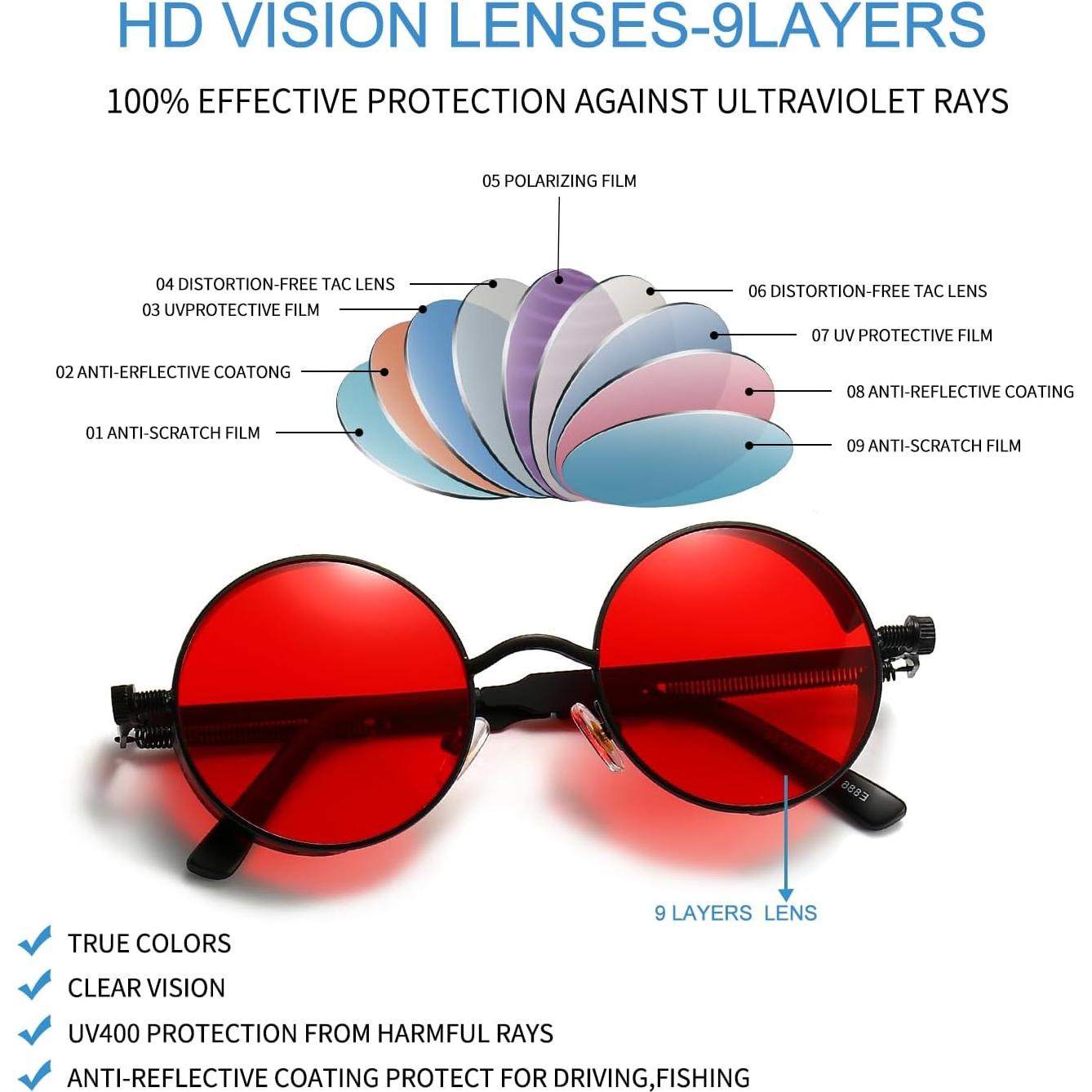 Gafas de sol Steampunk Glclrs UV protección marco metal rojo