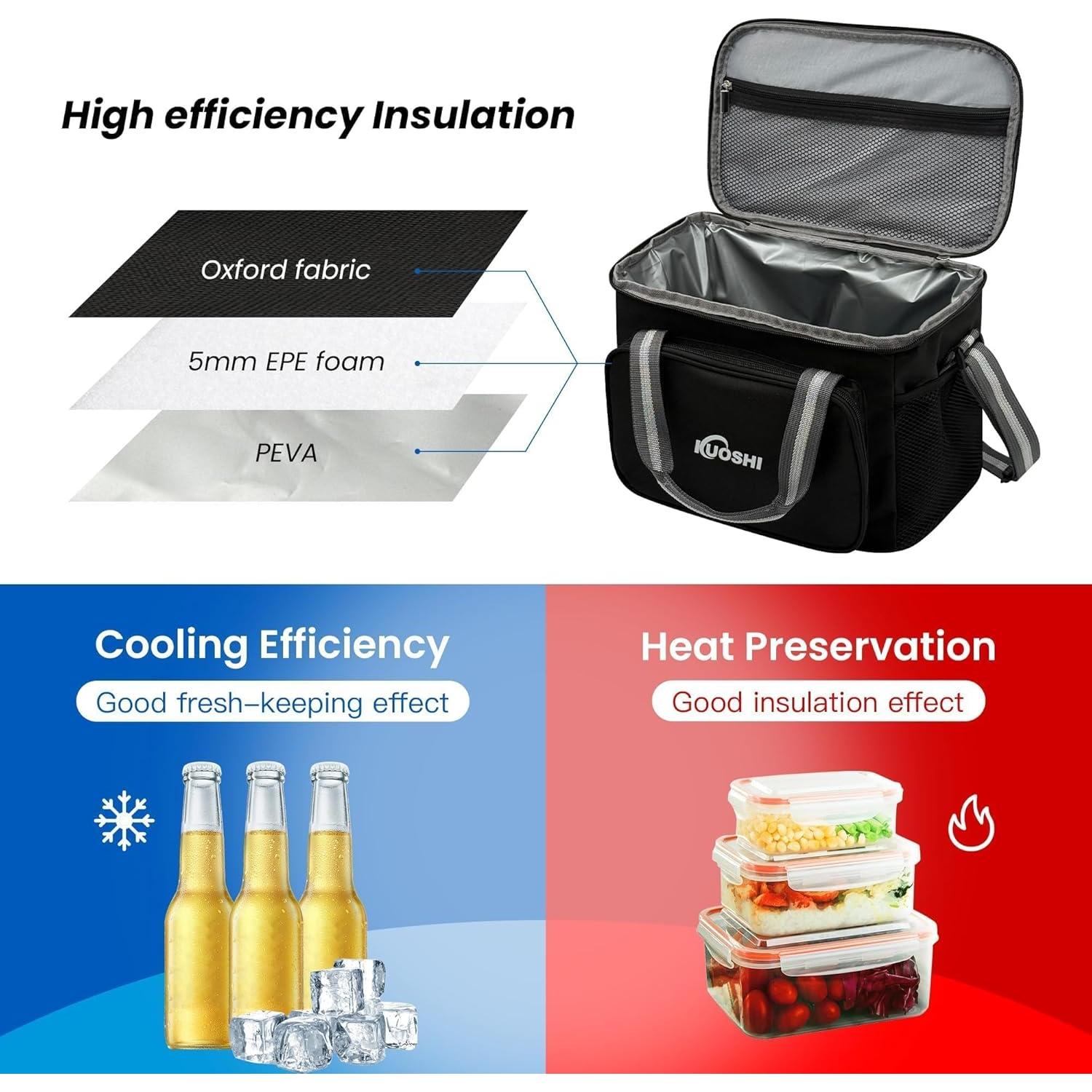 Bolsa de Almuerzo Aislada KUOSHI 14L Negra para Trabajo y Picnic