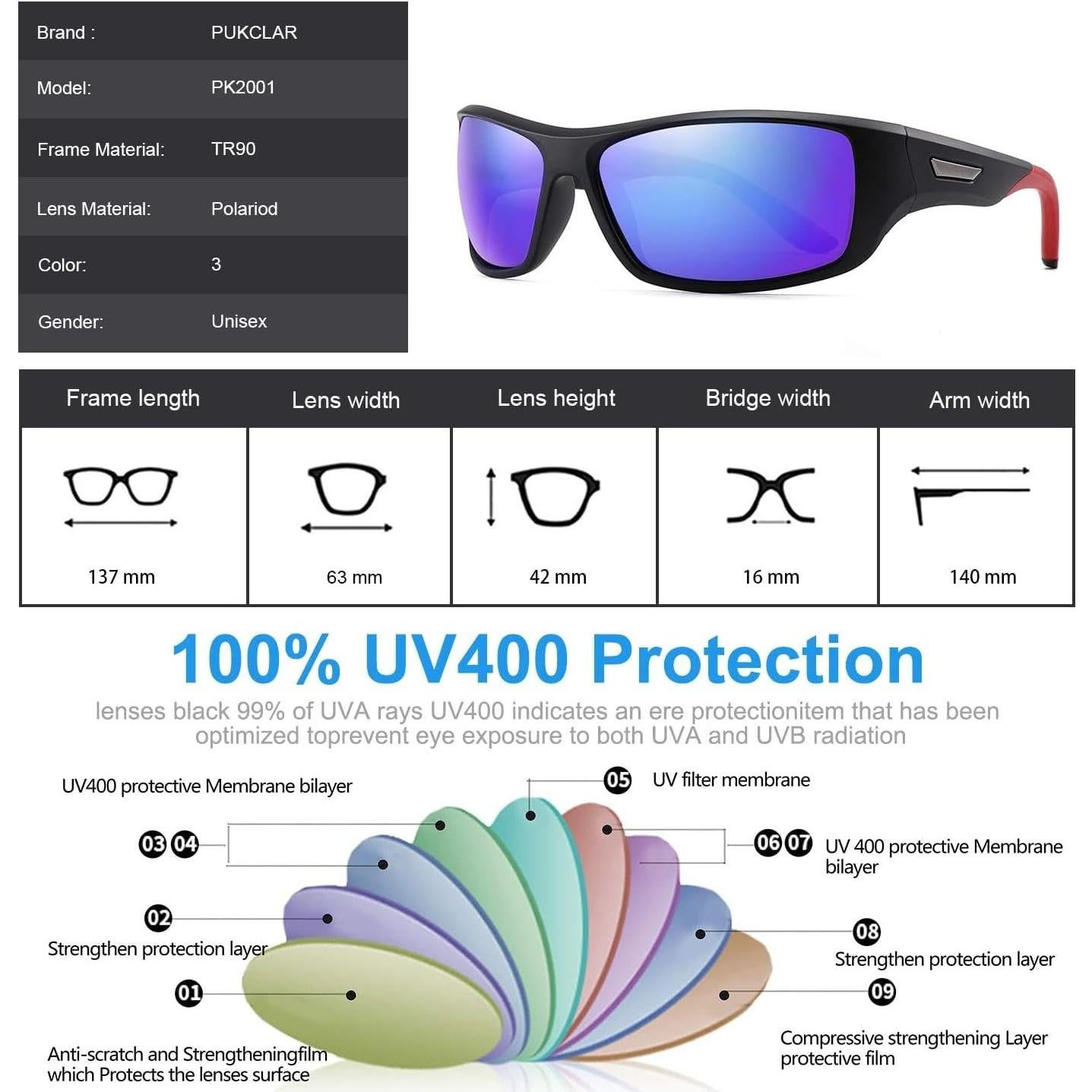 Gafas de sol deportivas PUKCLAR polarizadas UV400 63mm