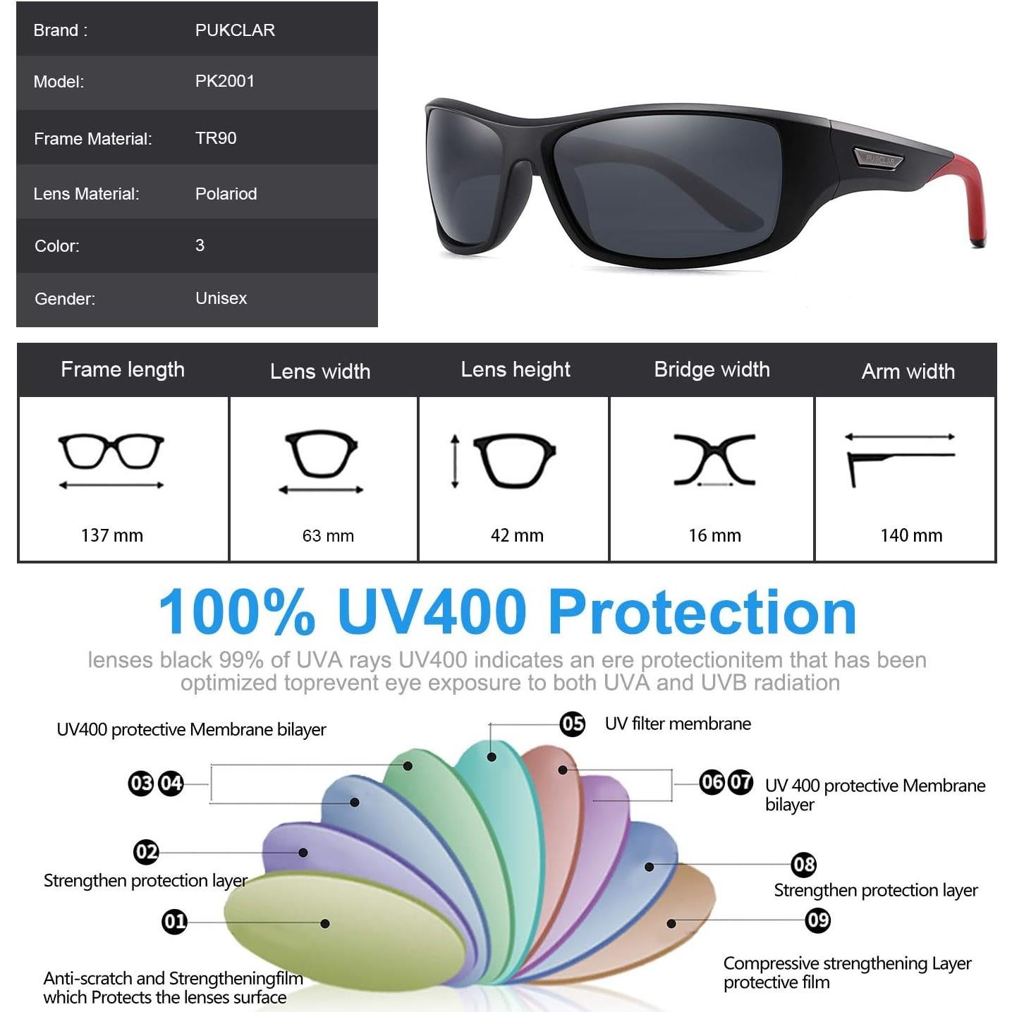 Gafas de sol deportivas PUKCLAR polarizadas UV400 63mm