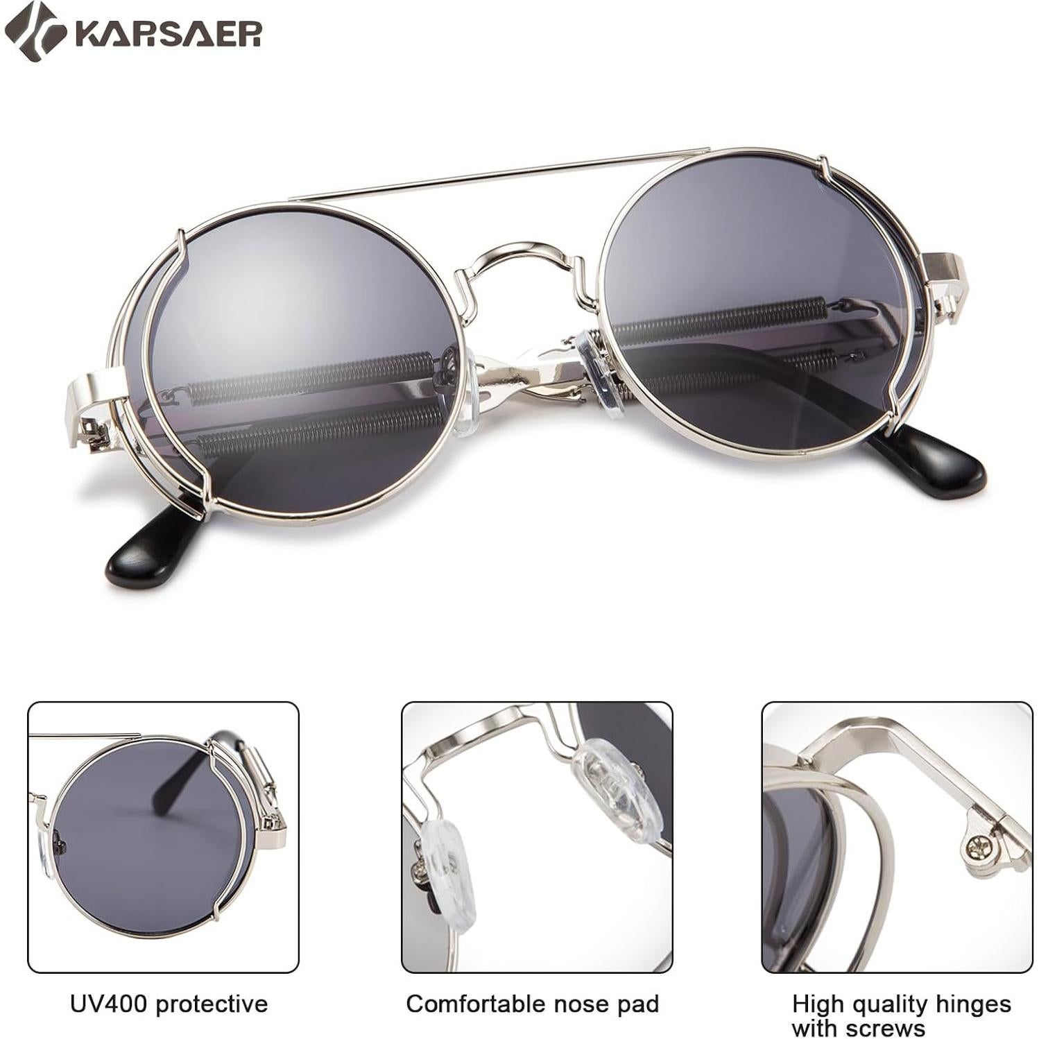 Gafas de sol Karsaer Steampunk Retro Redondas Metal Plata