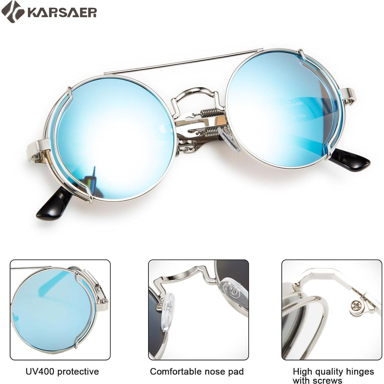 Gafas de sol Steampunk Karsaer Retro Redondas Metal Azul