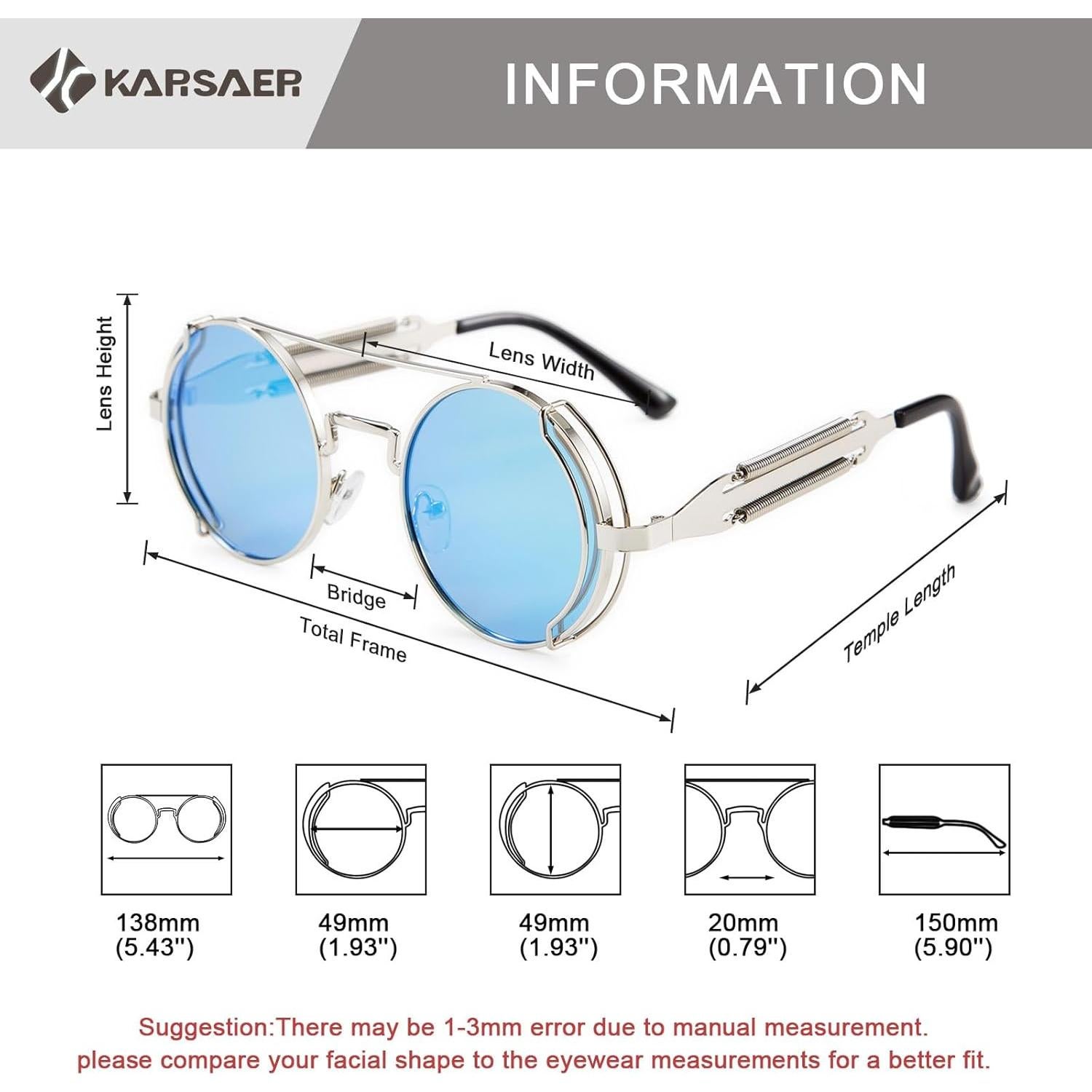 Gafas de sol Steampunk Karsaer Retro Redondas Metal Azul