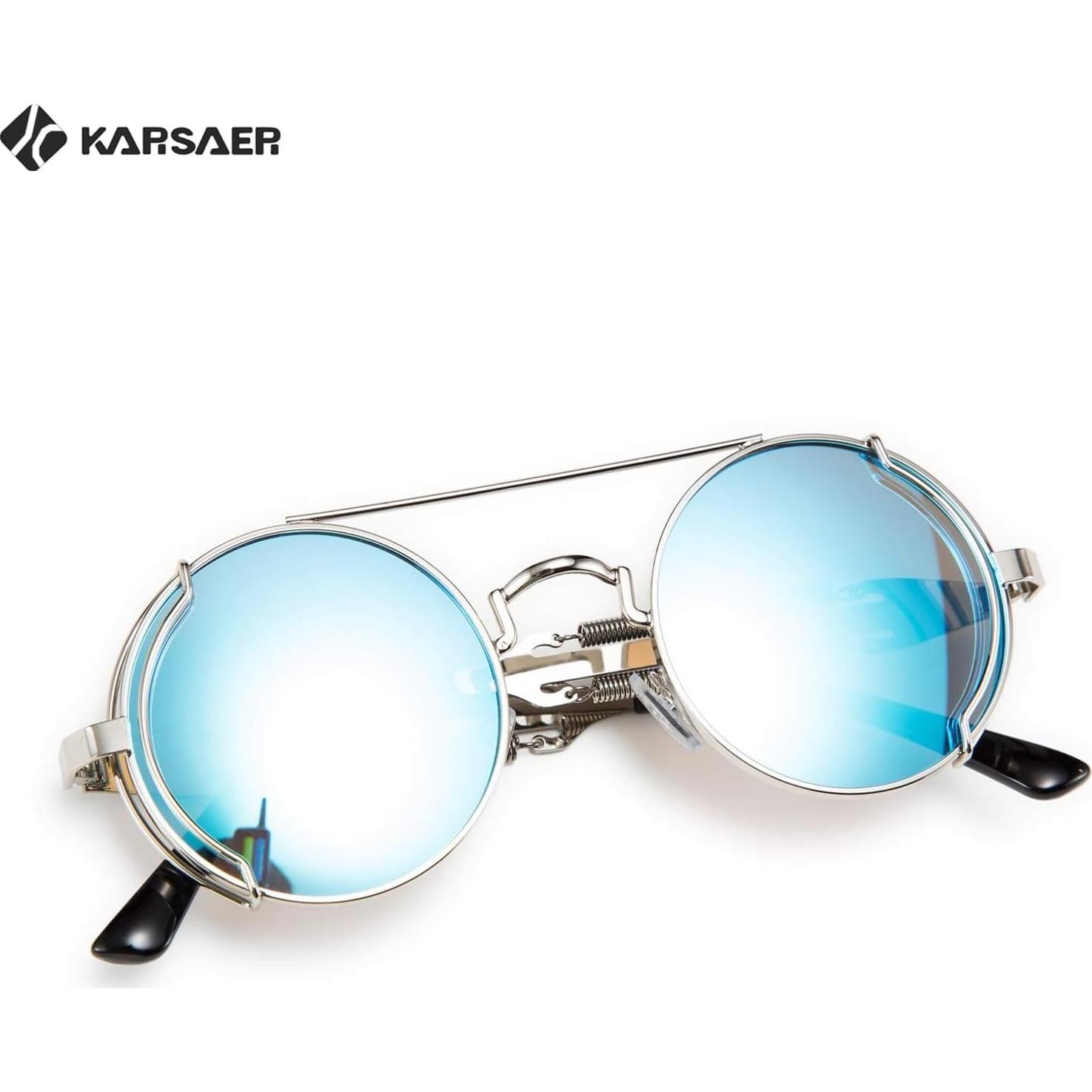 Gafas de sol Steampunk Karsaer Retro Redondas Metal Azul