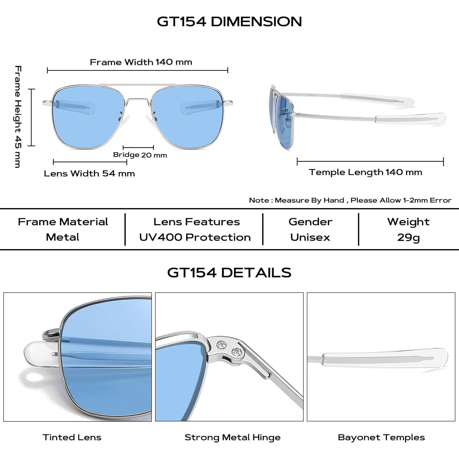 Gafas de sol piloto militar Gtand con lente azul 54mm
