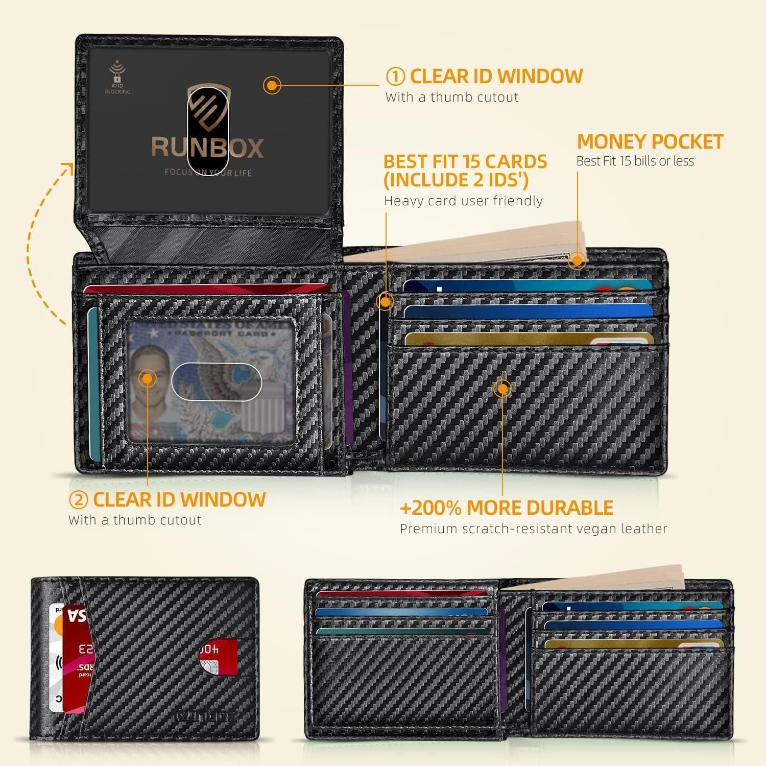 Cartera RUNBOX delgada de cuero RFID para hombres - 15 espacios