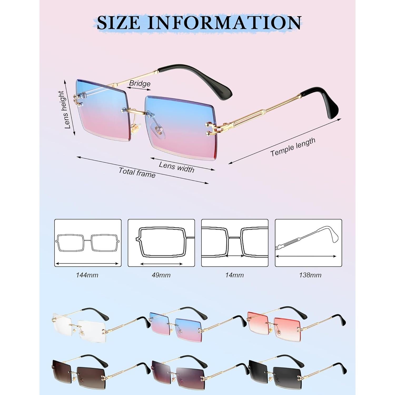 4 Pares Gafas de Sol Rectangulares Sin Montura Vintage