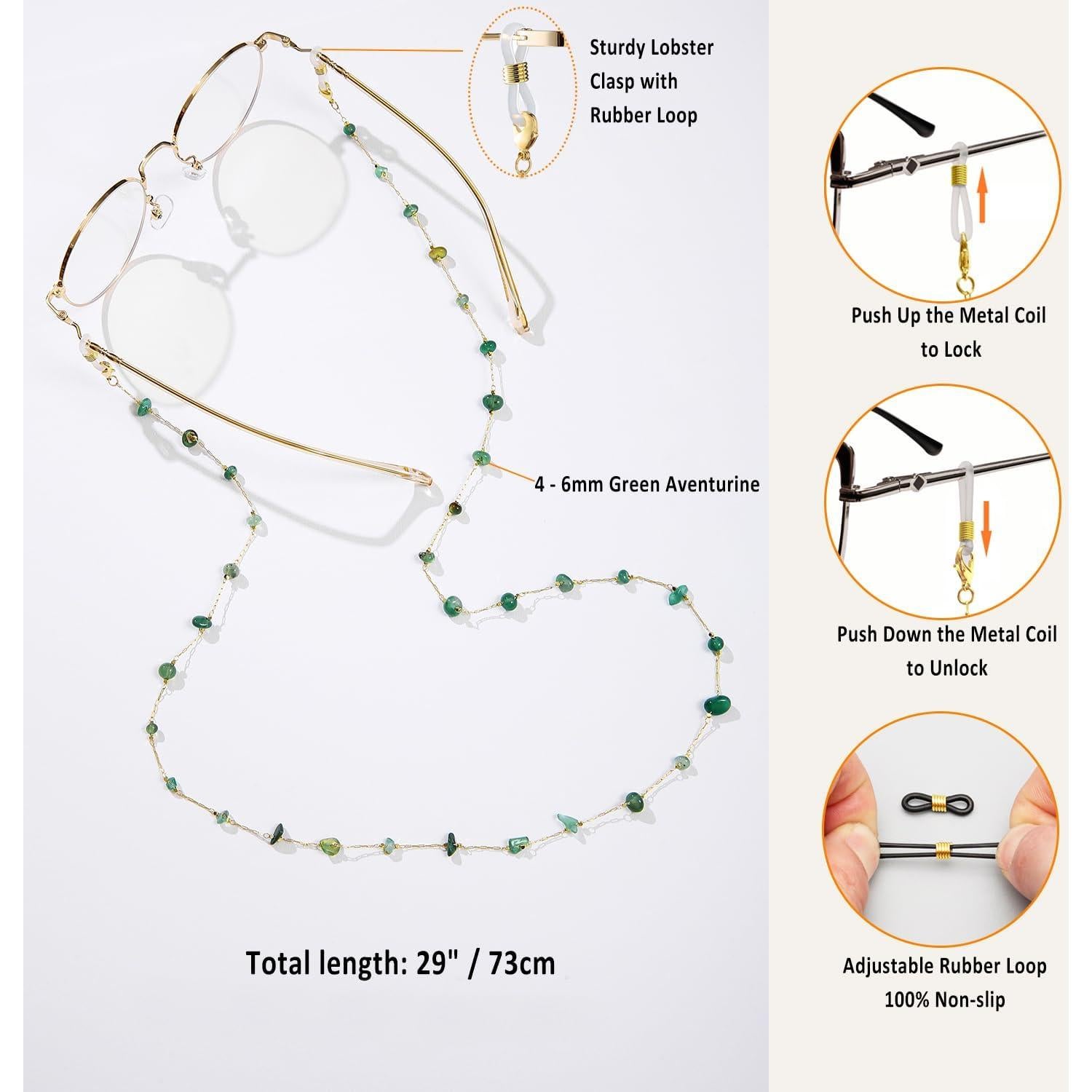Cadena de Gafas para Mujeres Aventurina Verde 71 cm Oro 14K