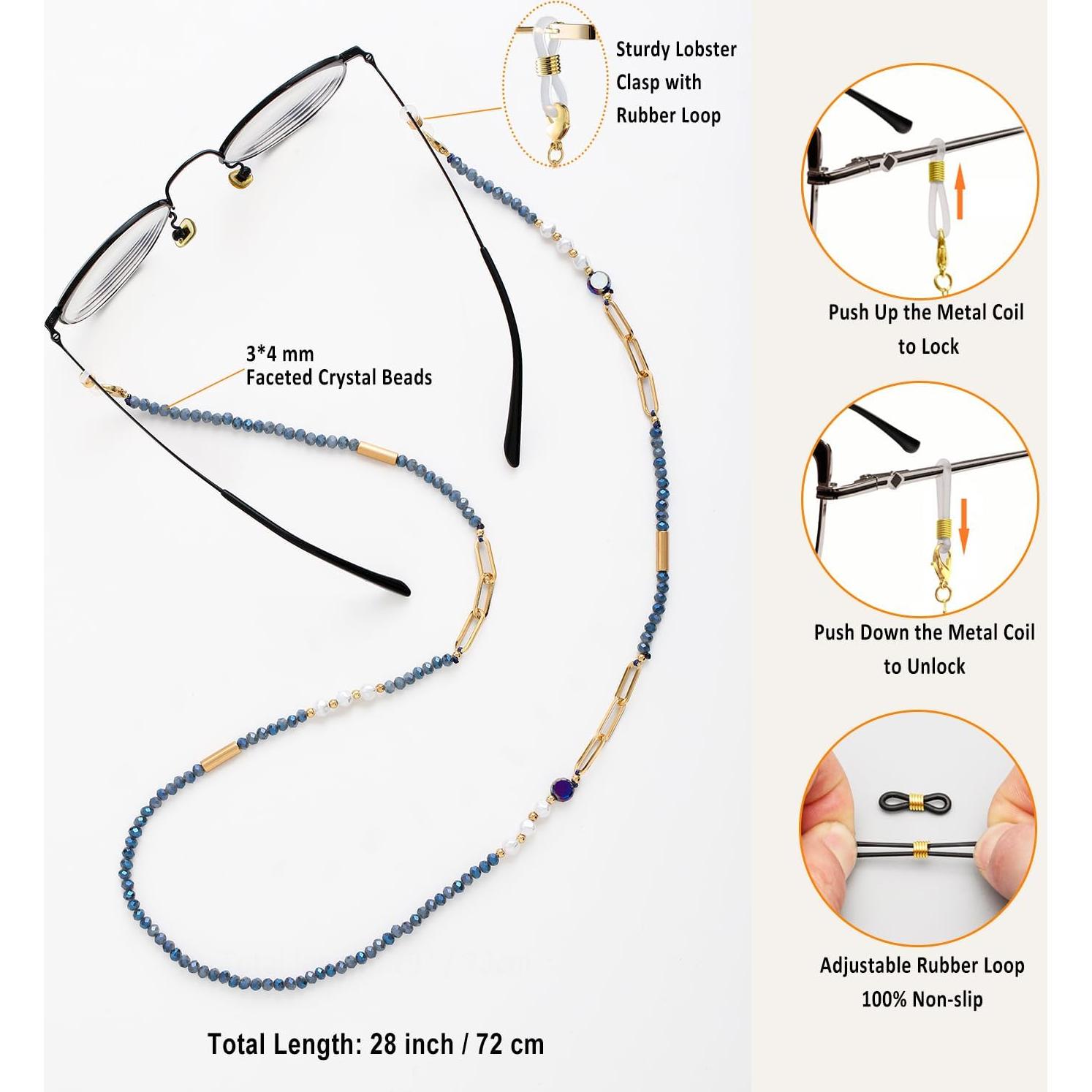 Cadena de Gafas para Mujeres Soporte con Perlas Cristal Azul