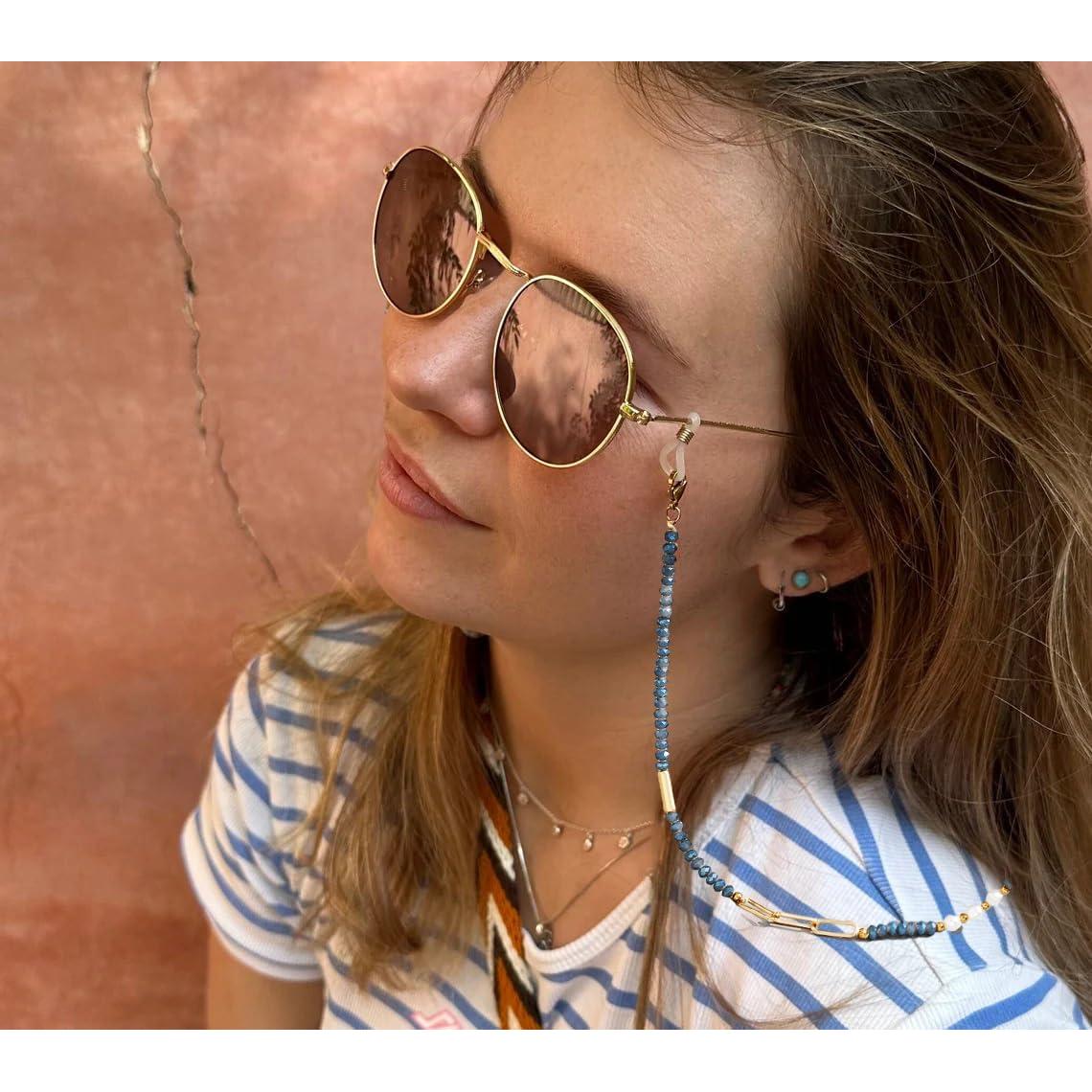 Cadena de Gafas para Mujeres Soporte con Perlas Cristal Azul