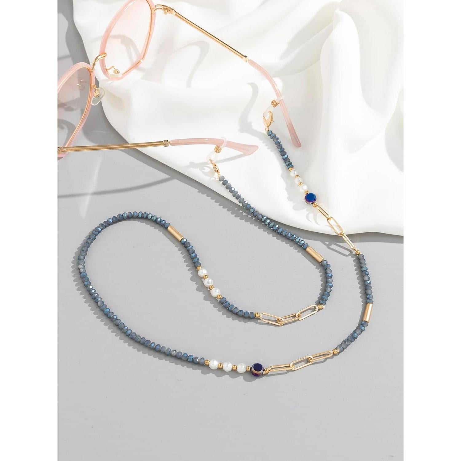 Cadena de Gafas para Mujeres Soporte con Perlas Cristal Azul