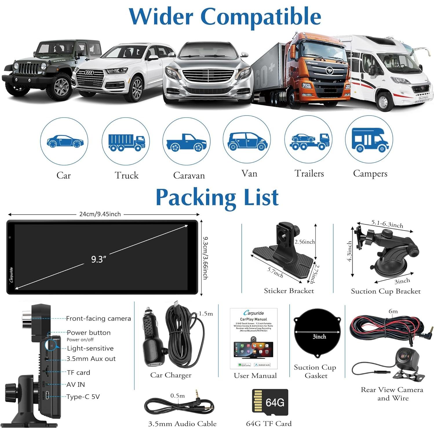 Carpuride W903 Estéreo 9.3" Carplay y Android Auto Inalámbrico