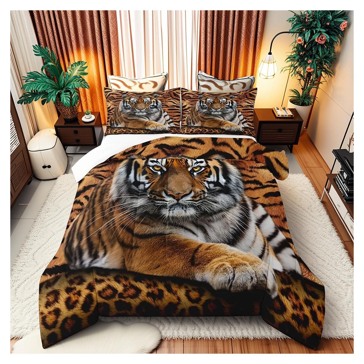 Conjunto Edredón King Manfei 3pcs Tigre Rústico Microfibra