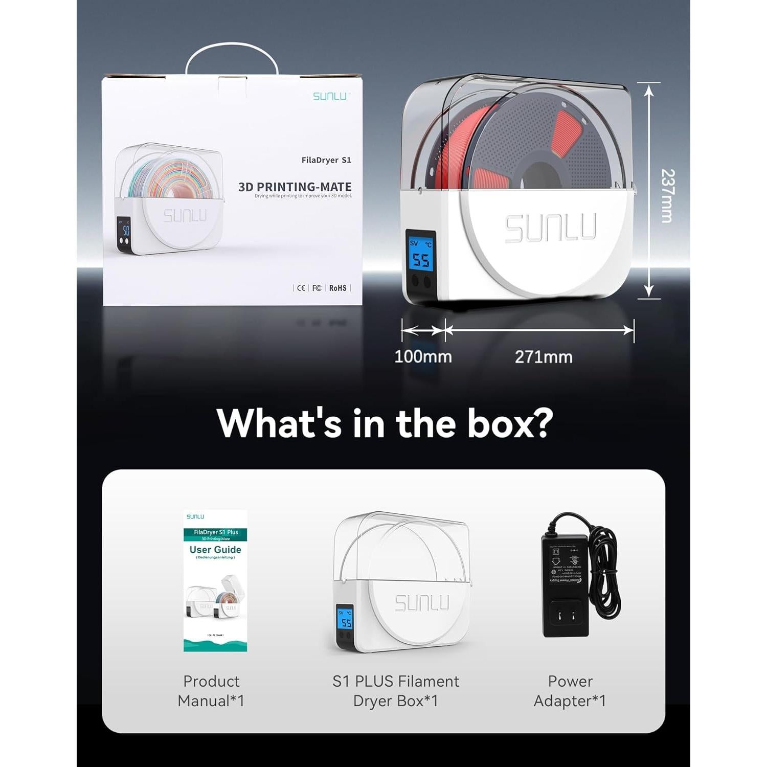 Secador de Filamento SUNLU S1 Plus - 1.75/2.85/3.00 mm, Blanco