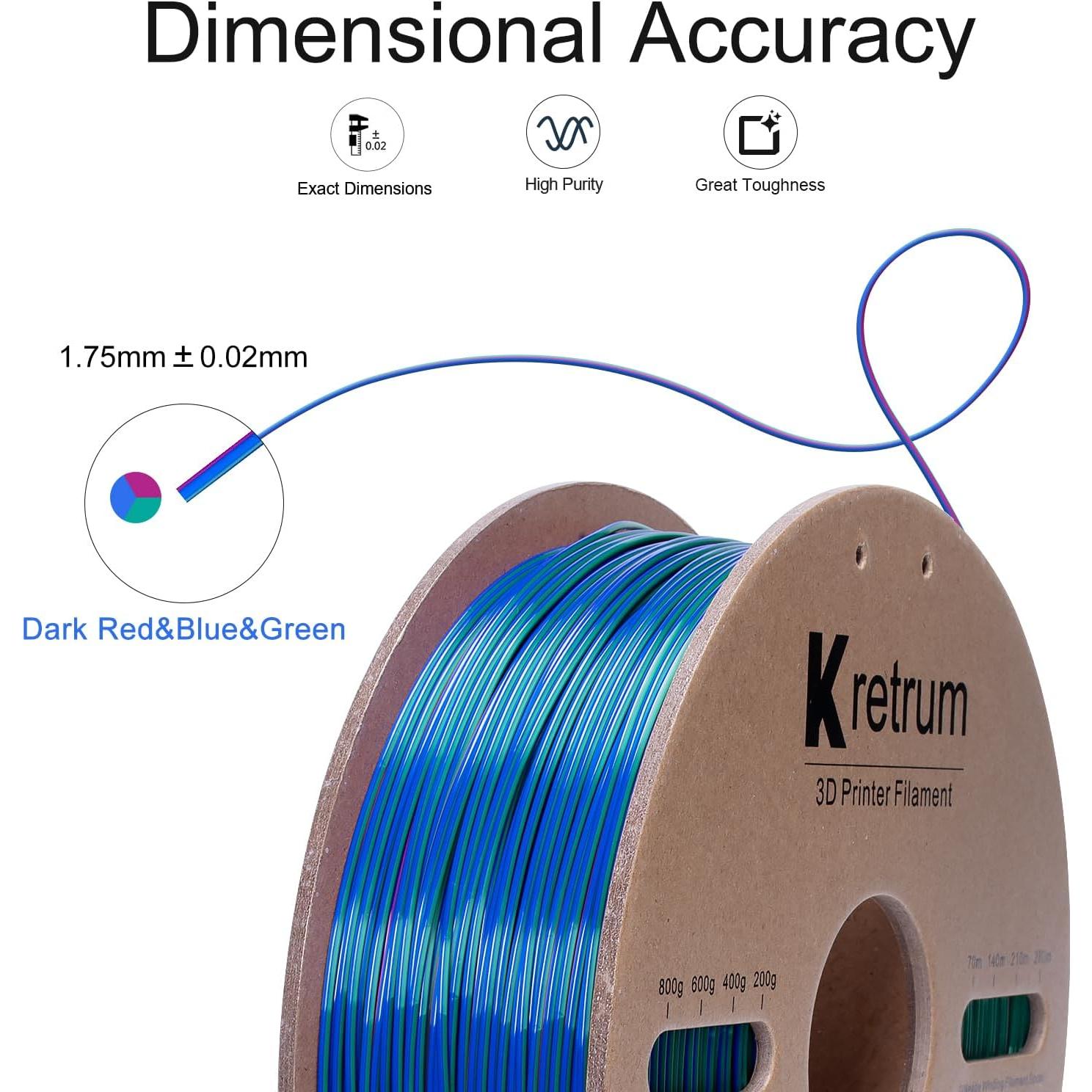Filamento PLA Seda Tricolor 1.75mm Kretrum 1kg Rojo Verde Azul