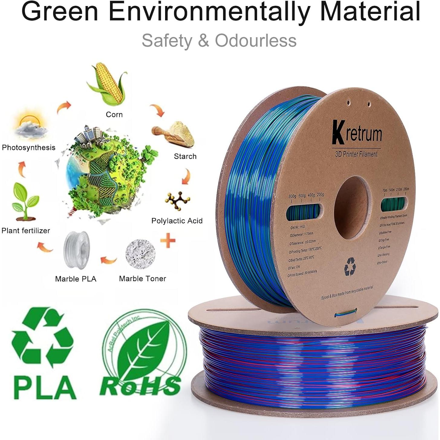 Filamento PLA Seda Tricolor 1.75mm Kretrum 1kg Rojo Verde Azul