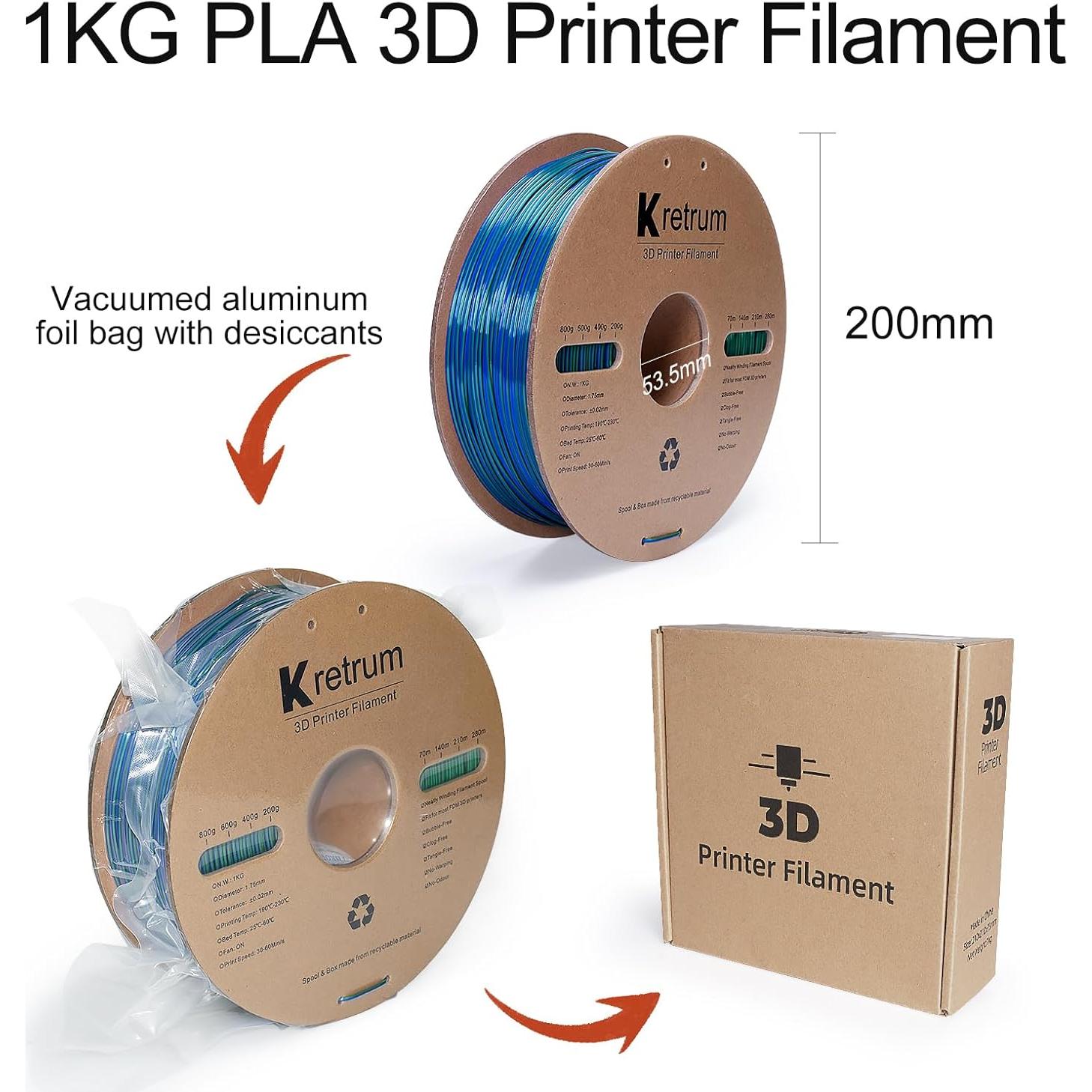 Filamento PLA Seda Tricolor 1.75mm Kretrum 1kg Rojo Verde Azul