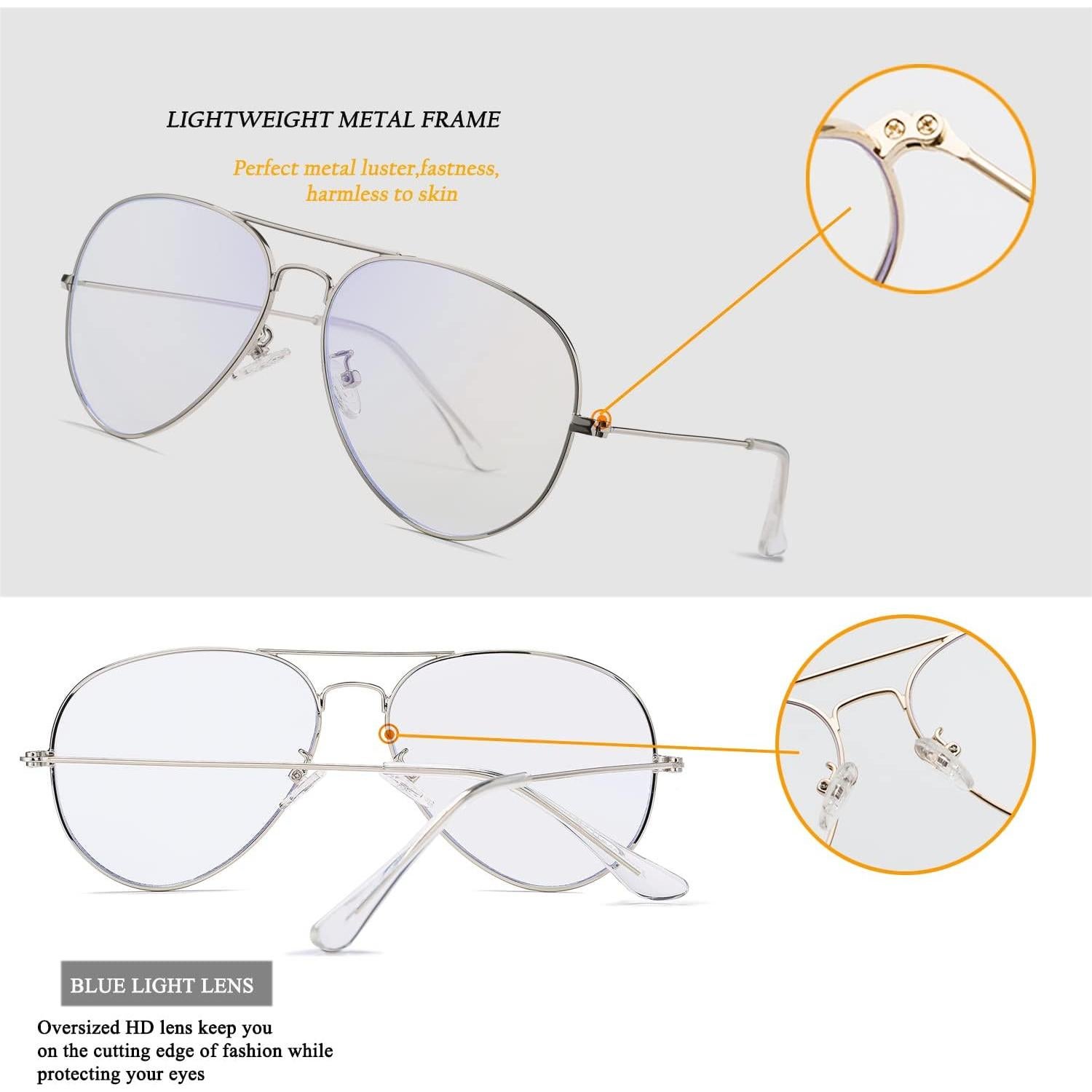 Gafas de Aviador HJSTES Lentes Anti Luz Azul Plata