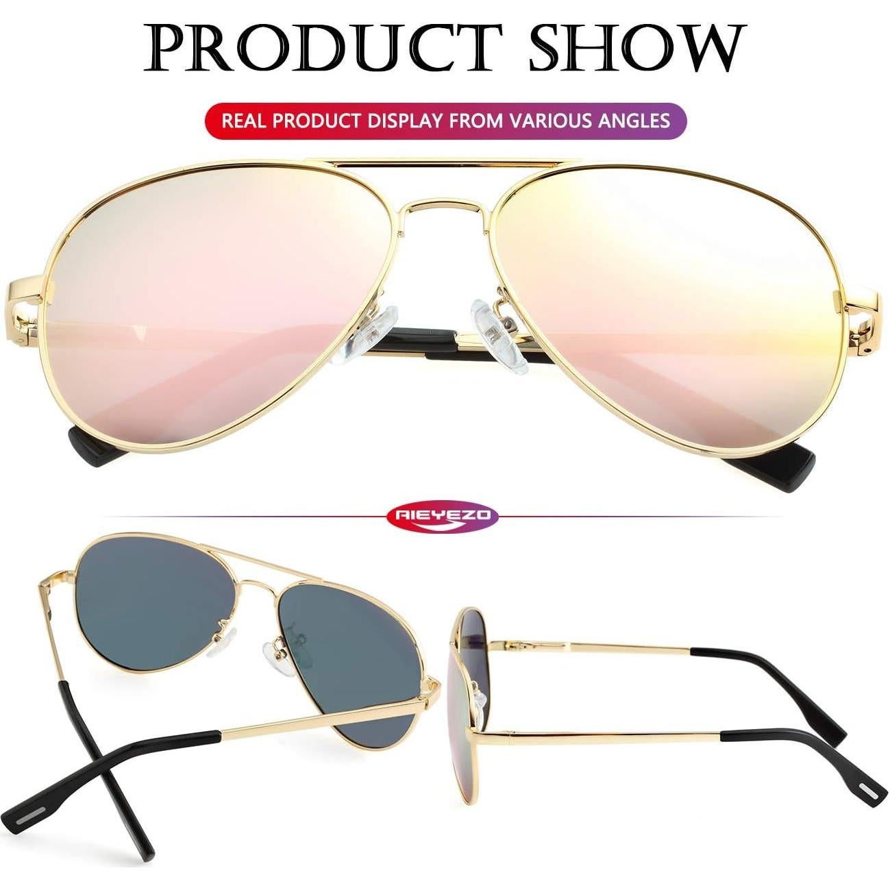 Gafas de sol AIEYEZO aviador polarizadas UV400 oro espejo rosa