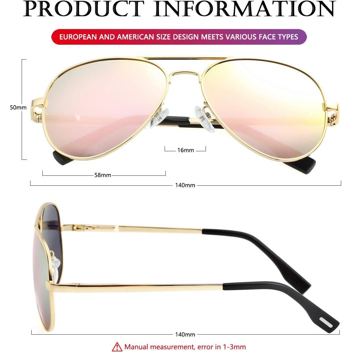 Gafas de sol AIEYEZO aviador polarizadas UV400 oro espejo rosa