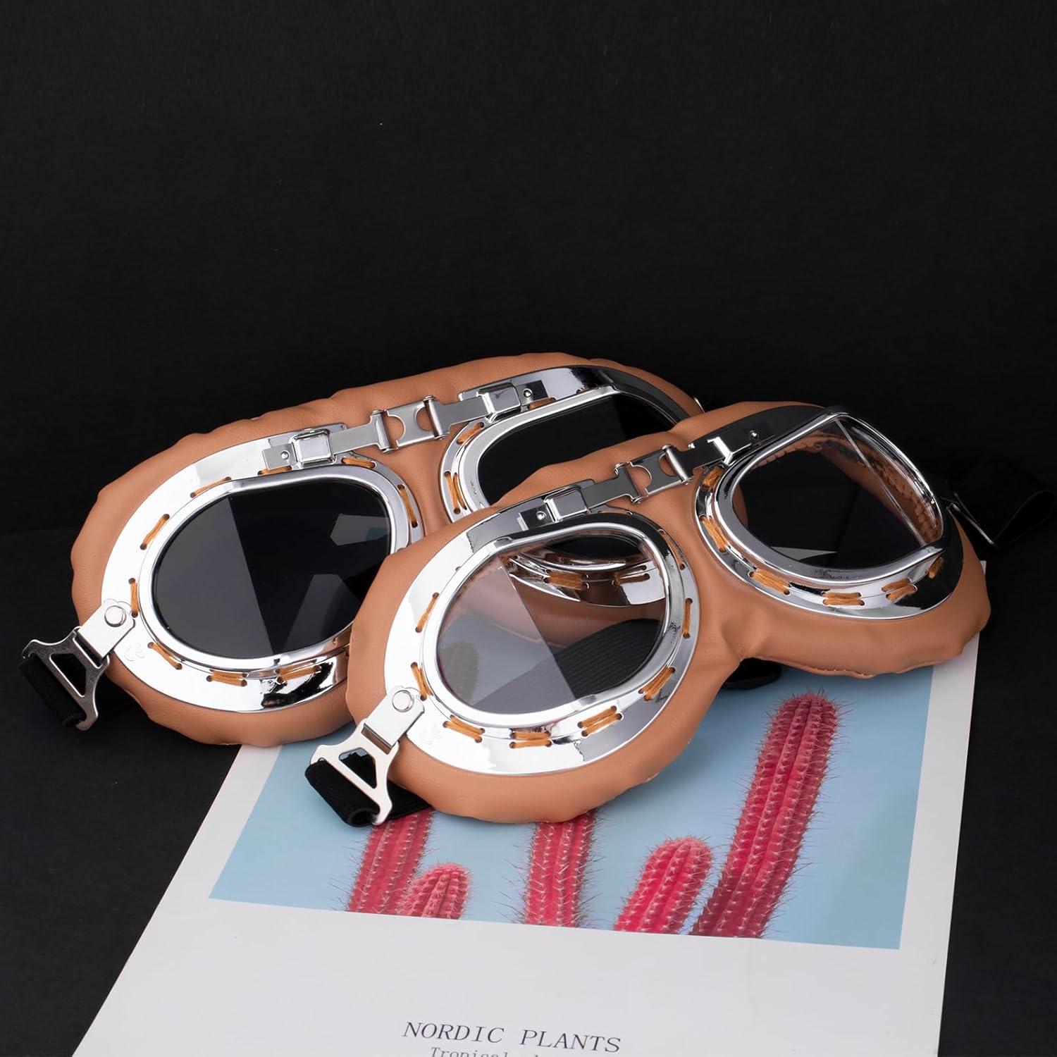 Gafas de Moto Vintage Peicees Marco Plateado Lentes Transparentes