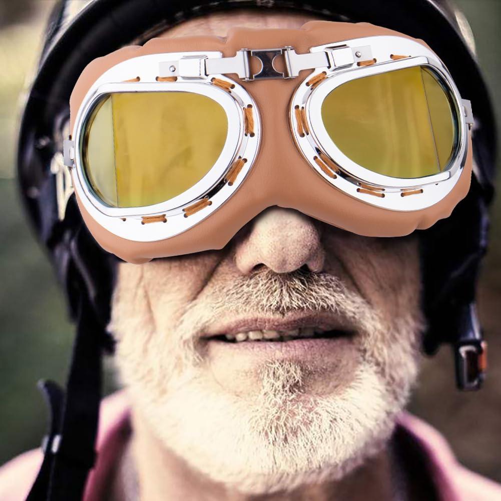 Gafas de Moto Vintage Peicees Marco Plateado Lentes Ámbar