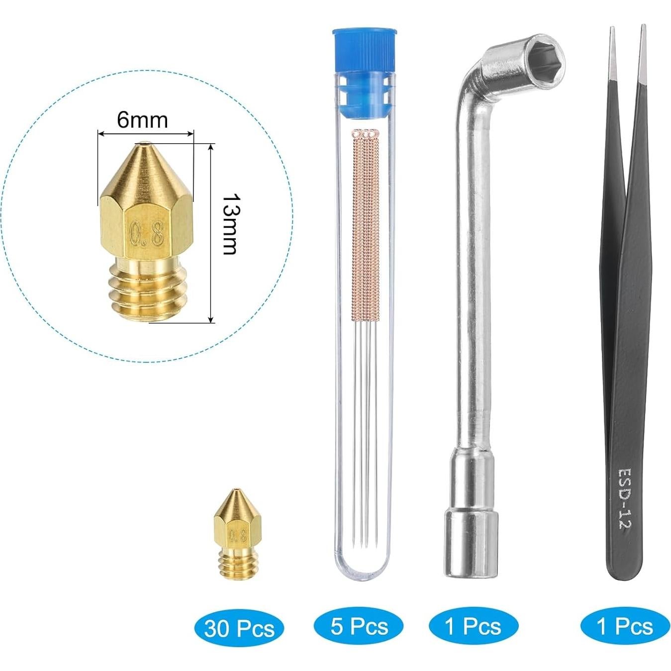 Kit de Boquillas 3D uxcell 30pcs 0.8mm + Agujas de Limpieza