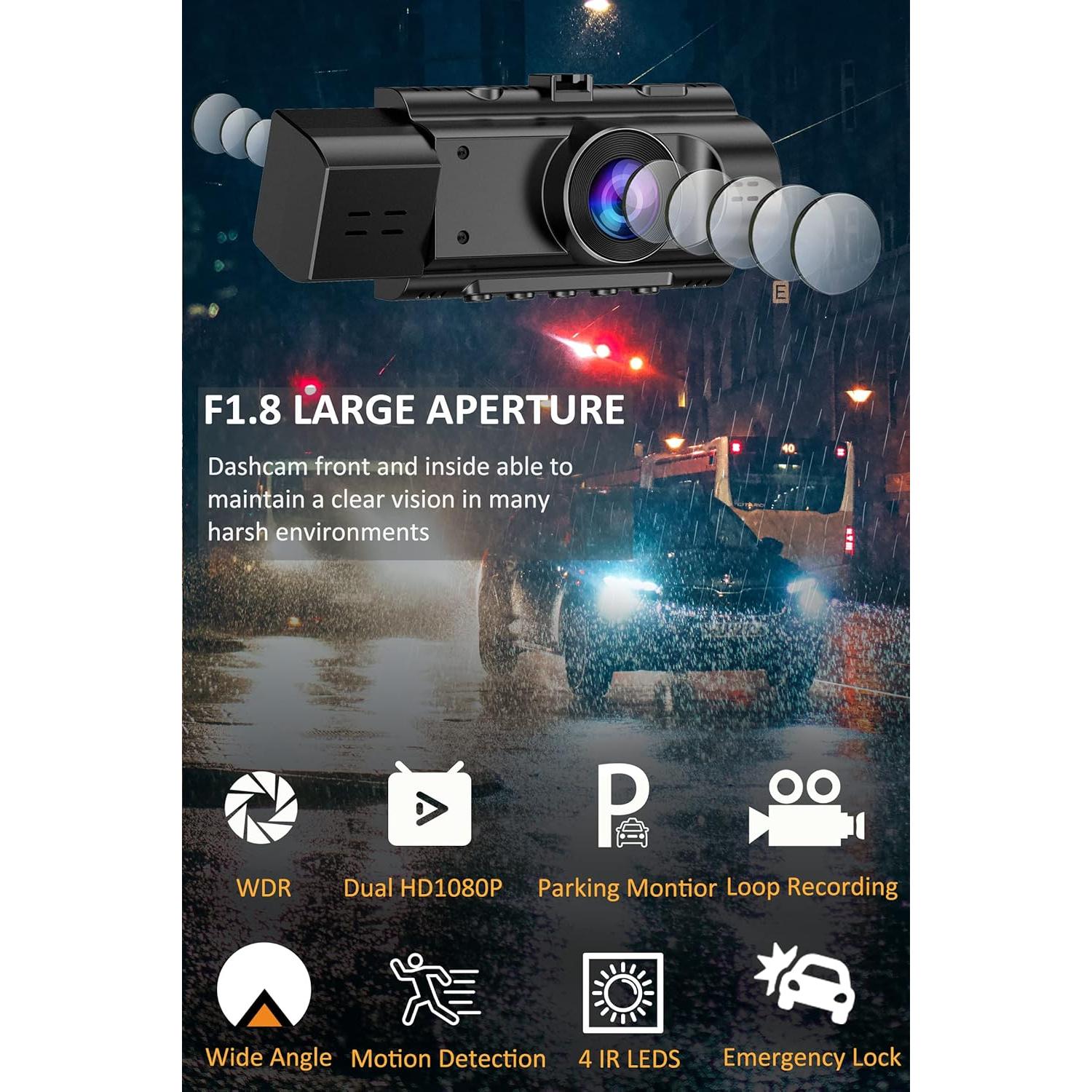 Dual Dash Cam Front and Inside FHD 1080P Dash Camera for Cars Dashcams for Cars with Infrared Night Vision, Car Camera Driving Recorder 24H Park Monitor Motion Detection G-Sensor for Taxi Uber