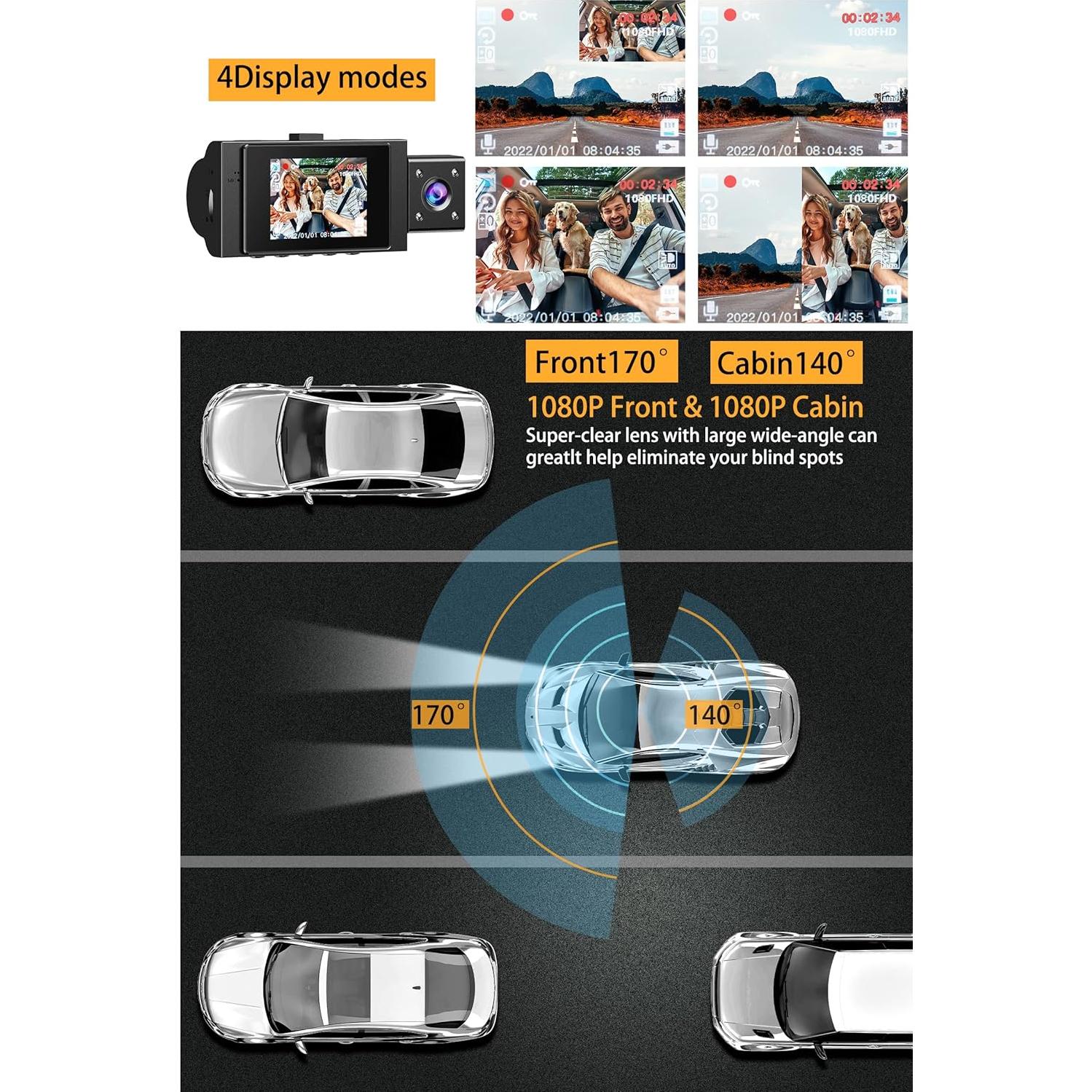 Dual Dash Cam Front and Inside FHD 1080P Dash Camera for Cars Dashcams for Cars with Infrared Night Vision, Car Camera Driving Recorder 24H Park Monitor Motion Detection G-Sensor for Taxi Uber