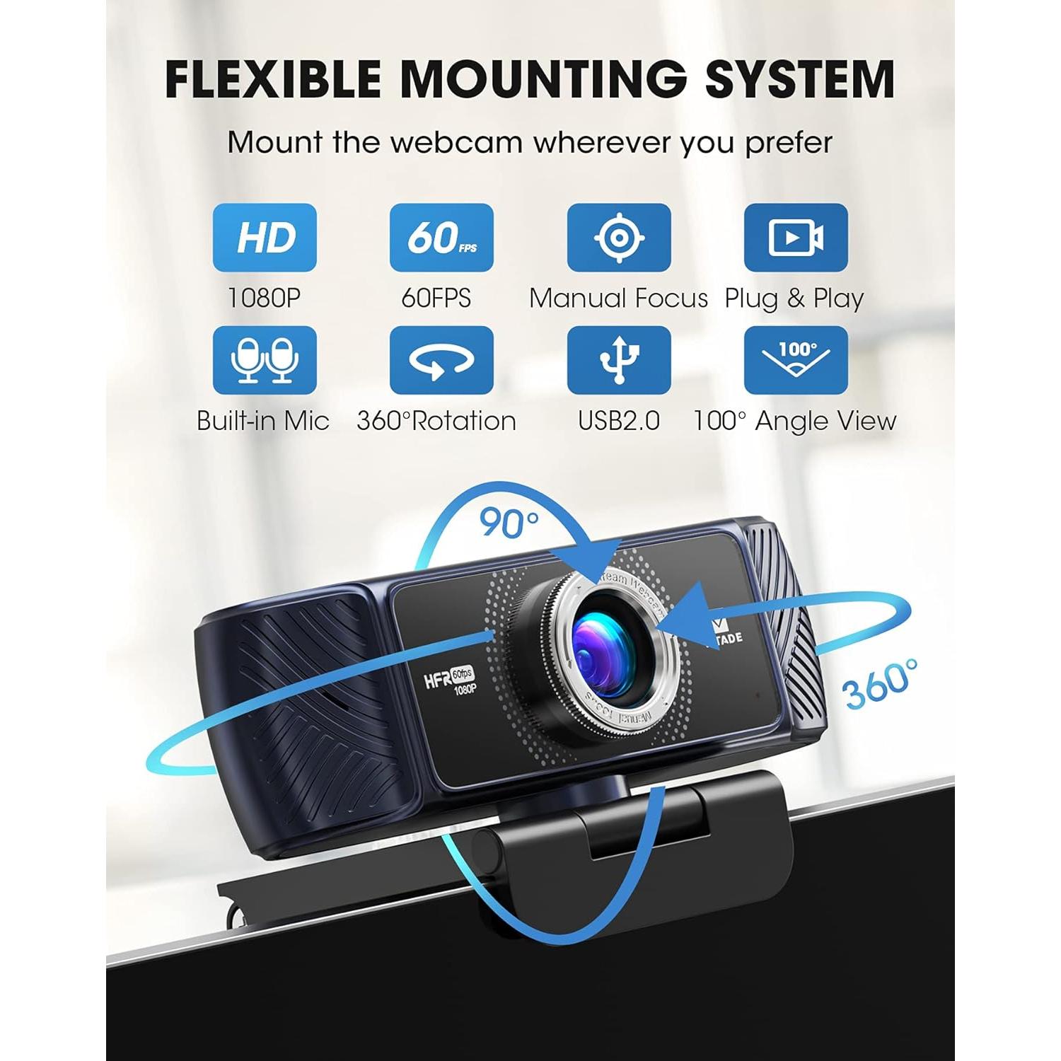 Webcam 1080P 60fps with Microphone for Streaming, 682H Pro HD USB Computer Web Camera Video Cam for Gaming Conferencing Mac Windows Desktop PC Laptop Xbox Skype OBS Twitch YouTube Xsplit