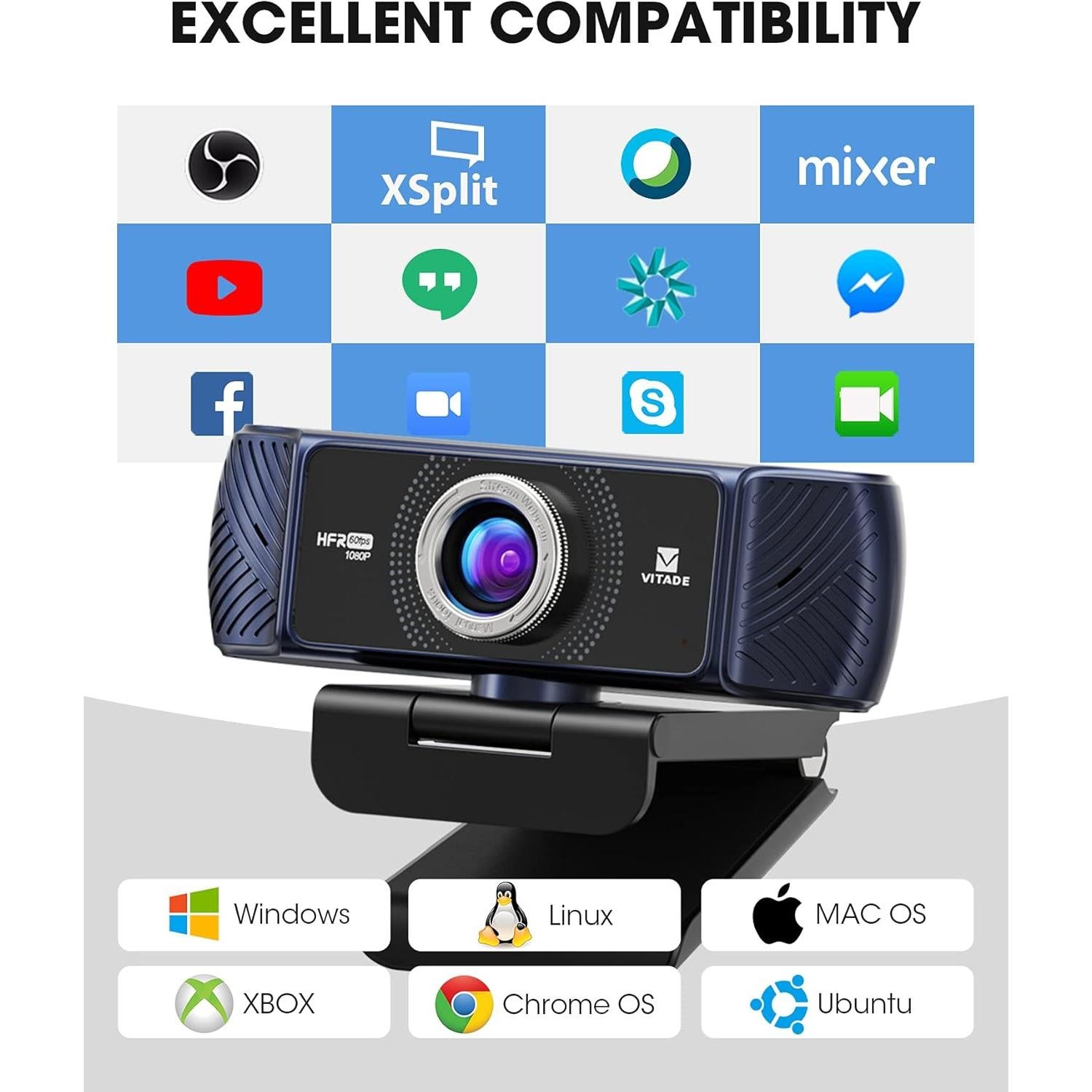 Webcam 1080P 60fps with Microphone for Streaming, 682H Pro HD USB Computer Web Camera Video Cam for Gaming Conferencing Mac Windows Desktop PC Laptop Xbox Skype OBS Twitch YouTube Xsplit