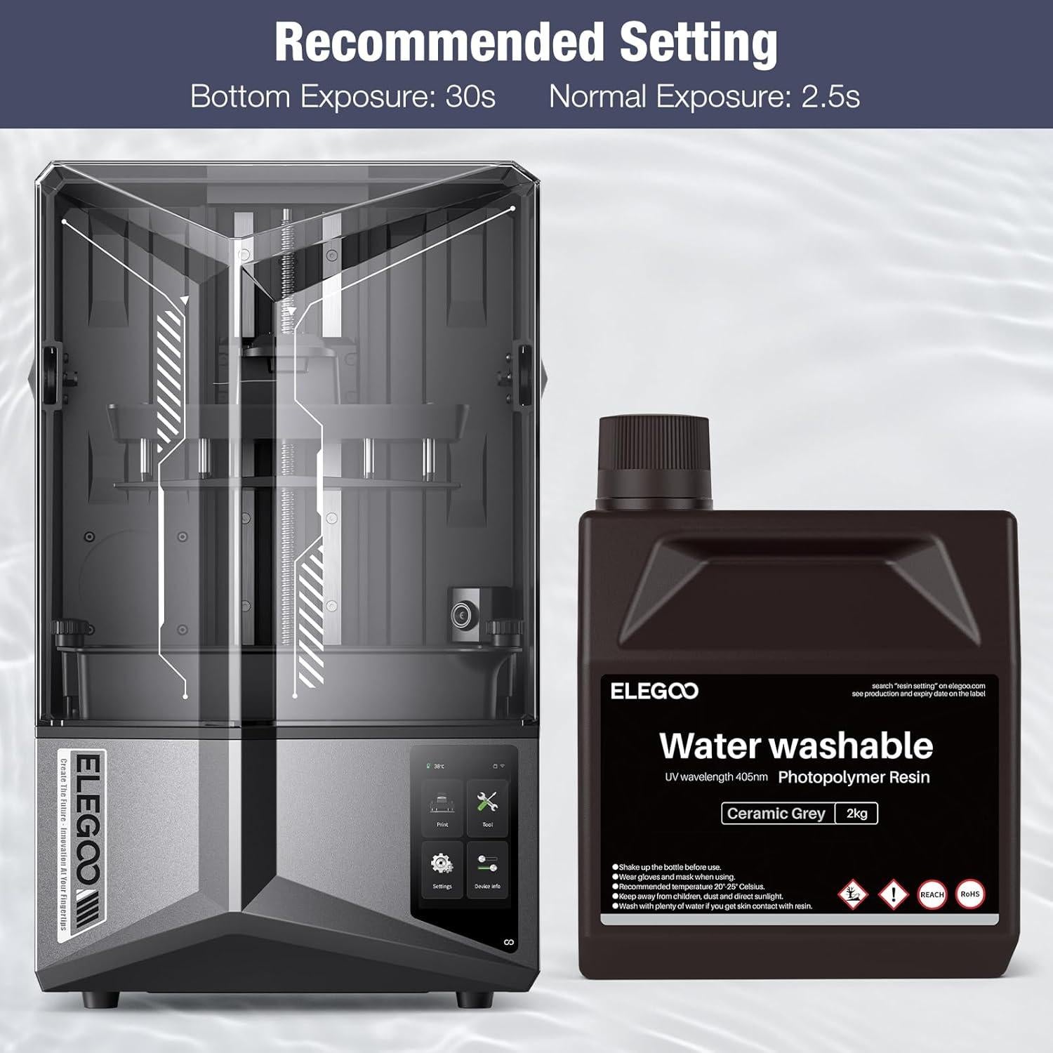Resina Lavable con Agua ELEGOO 2000g UV 405nm Gris