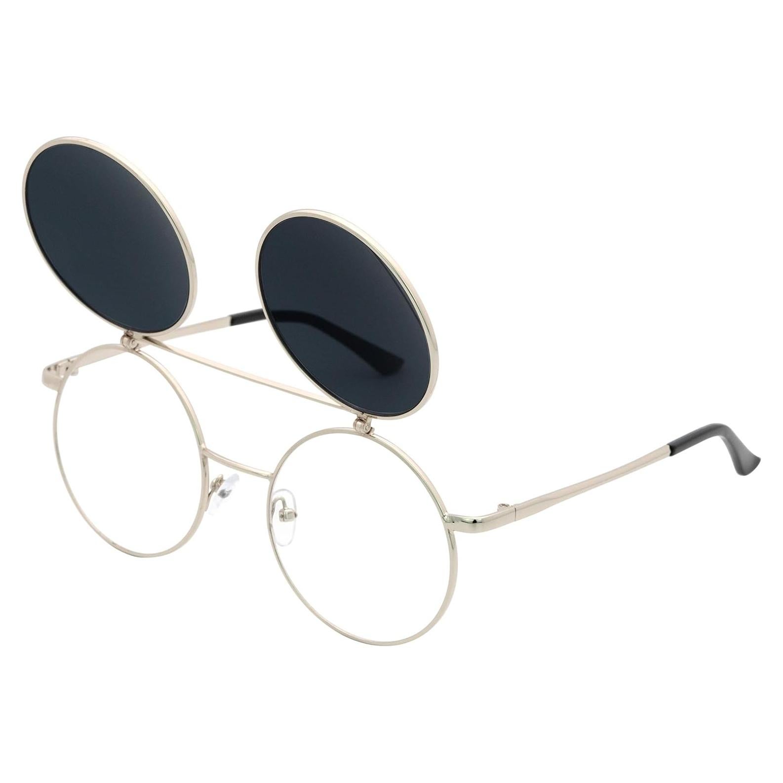 Gafas de Sol Retro J&L Steampunk Flip-Up Plata y Negro